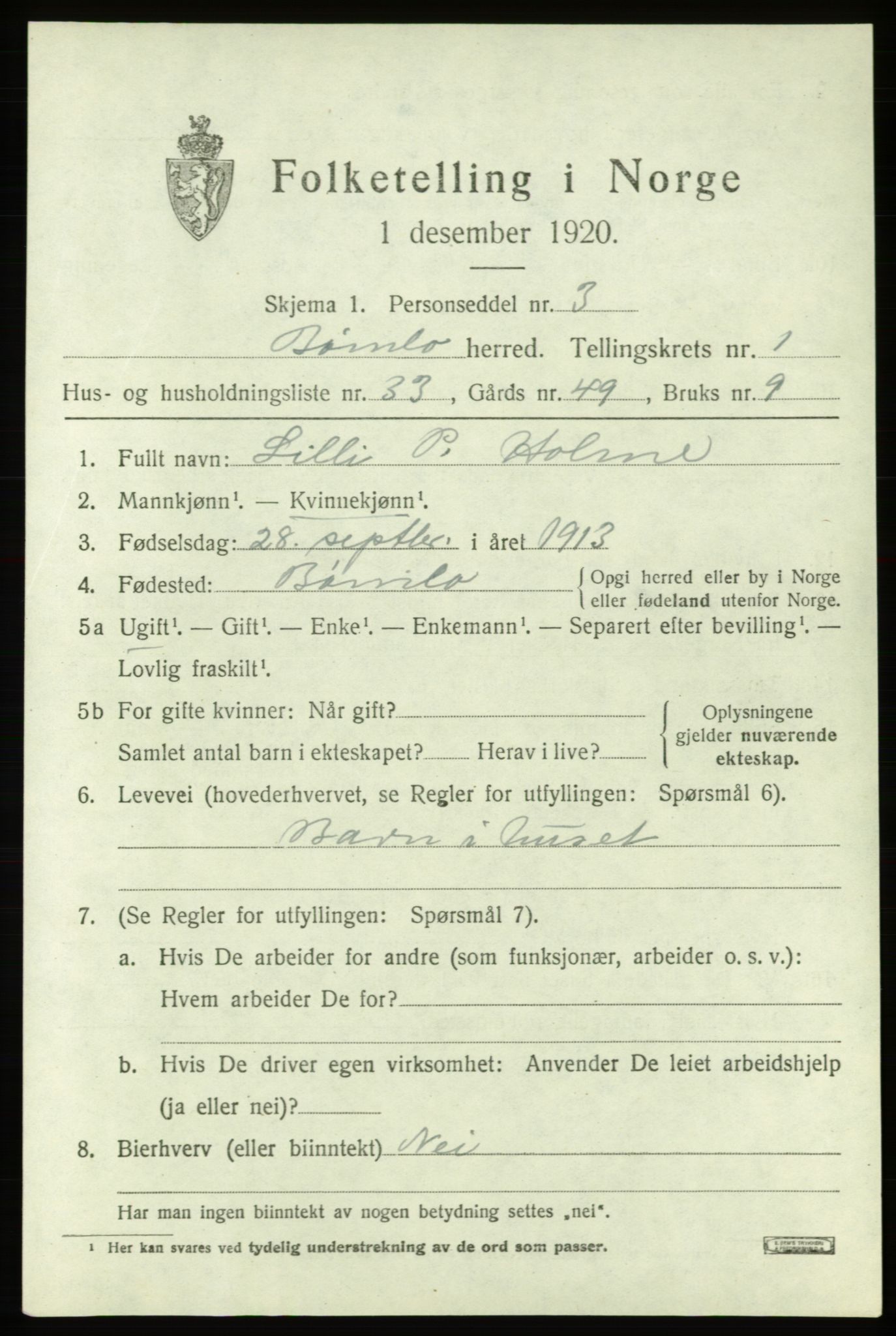 SAB, Folketelling 1920 for 1219 Bømlo herred, 1920, s. 849