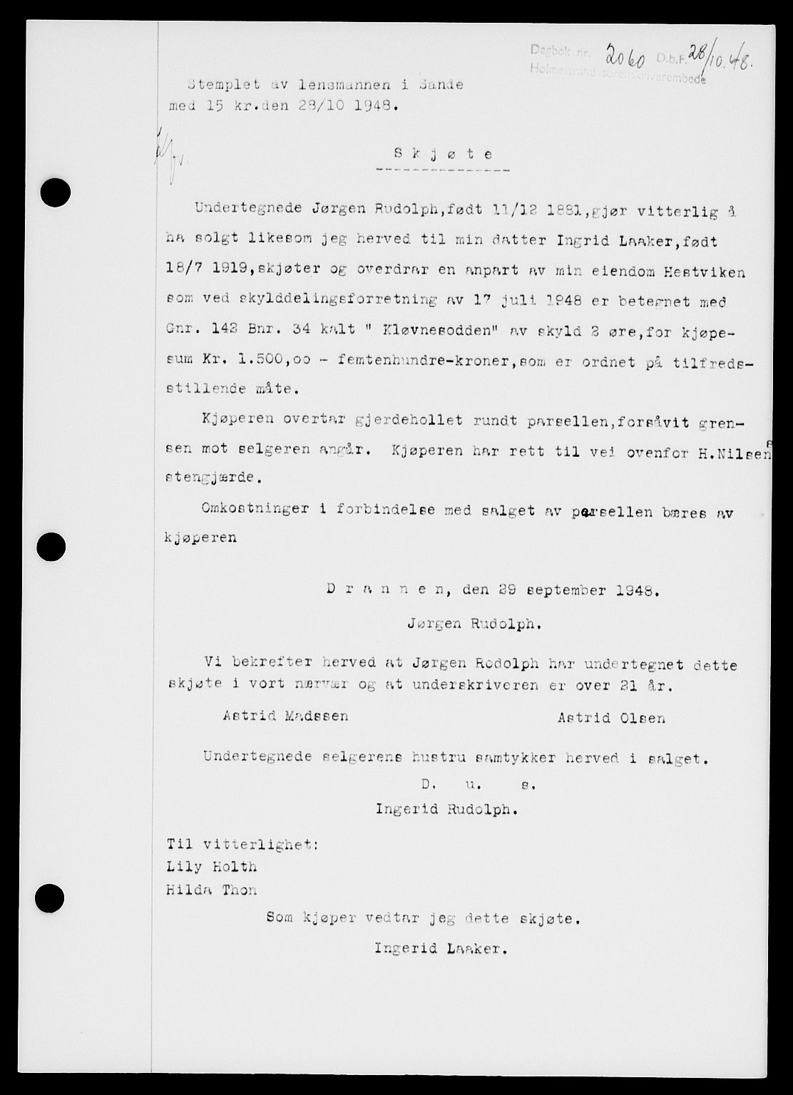 Holmestrand sorenskriveri, SAKO/A-67/G/Ga/Gaa/L0065: Pantebok nr. A-65, 1948-1949, Dagboknr: 2060/1948