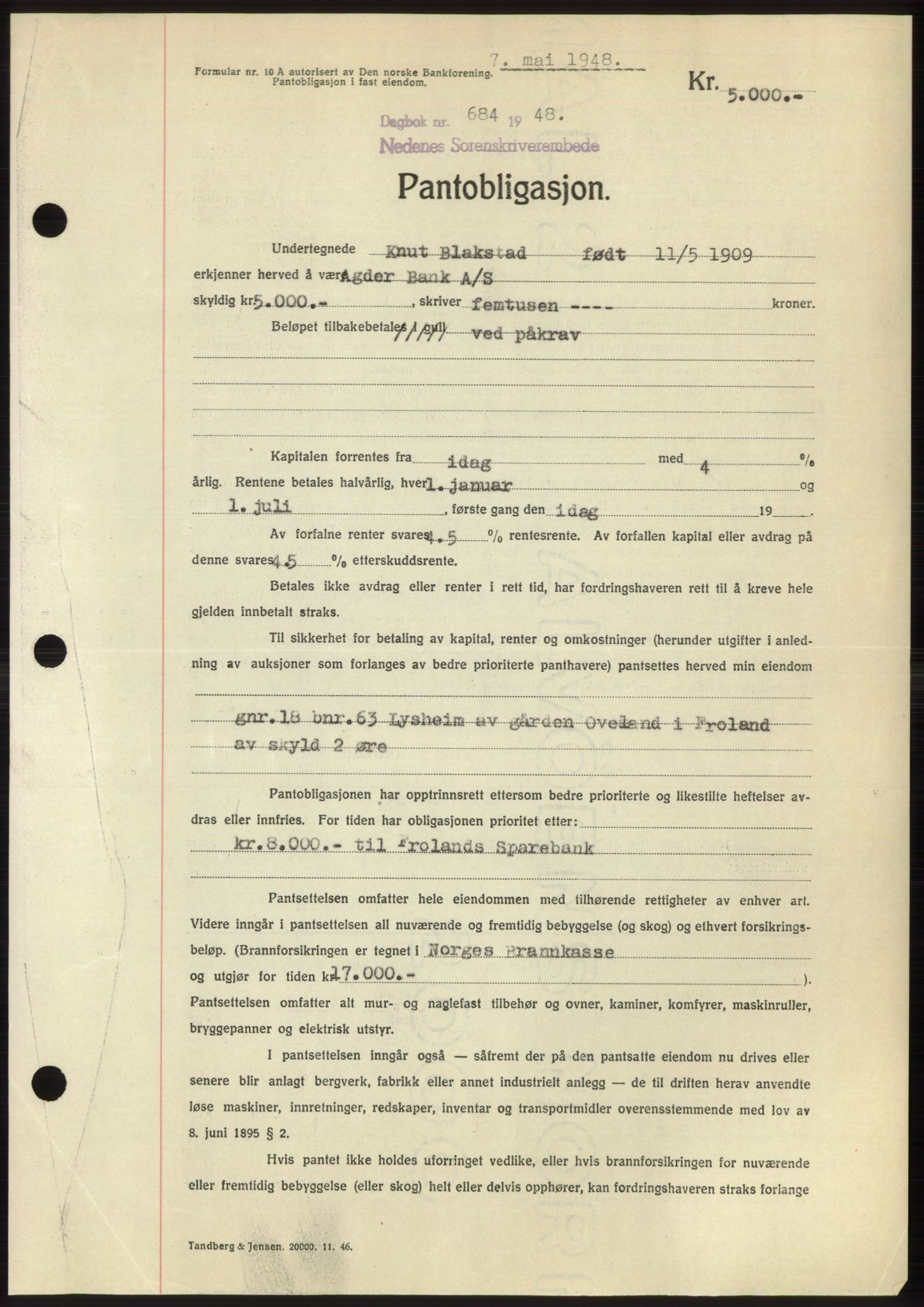 Nedenes sorenskriveri, AV/SAK-1221-0006/G/Gb/Gbb/L0005: Pantebok nr. B5, 1948-1948, Dagboknr: 684/1948