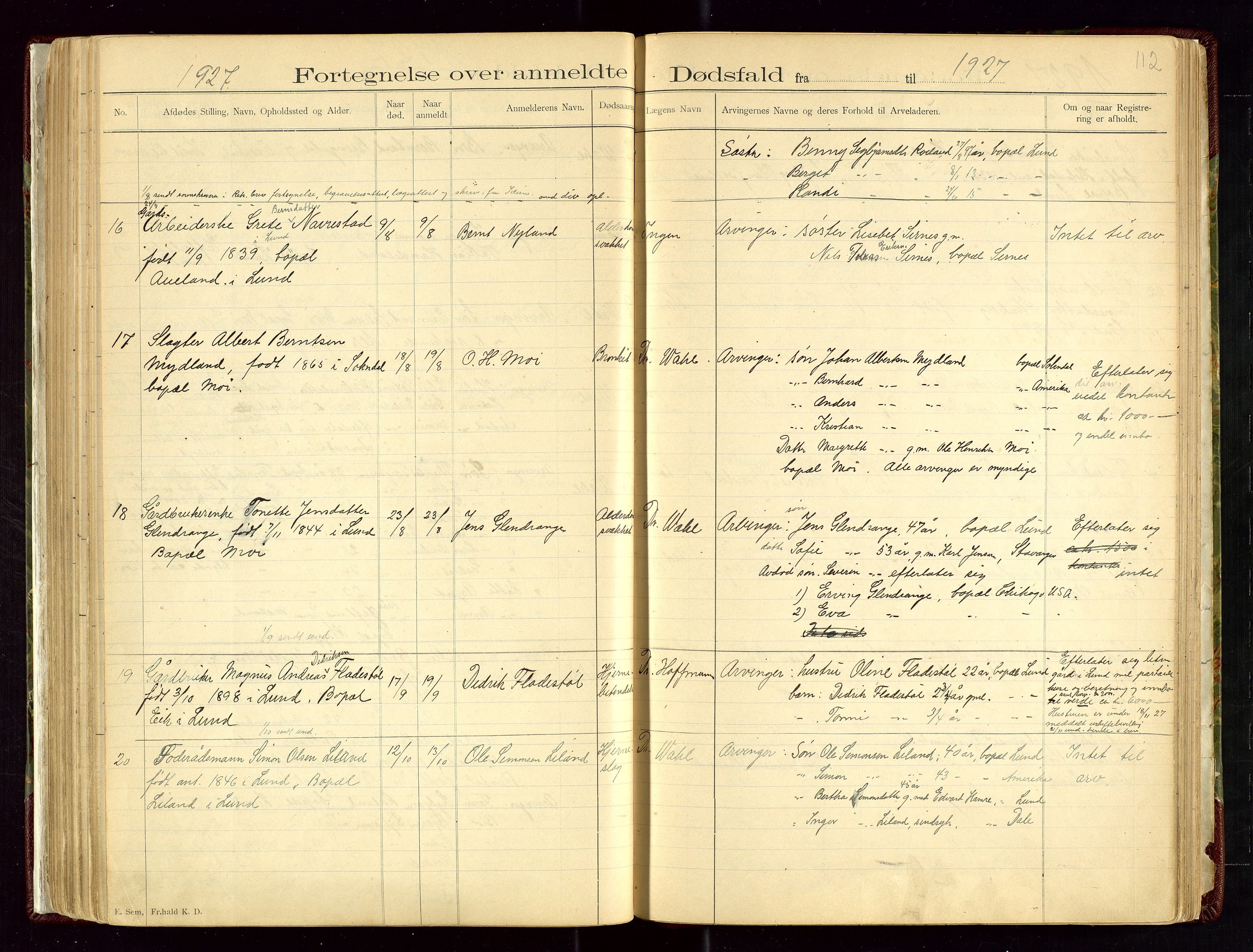 Lund lensmannskontor, SAST/A-100303/Gga/L0001: Dødsfallprotokoll, 1882-1942, s. 112