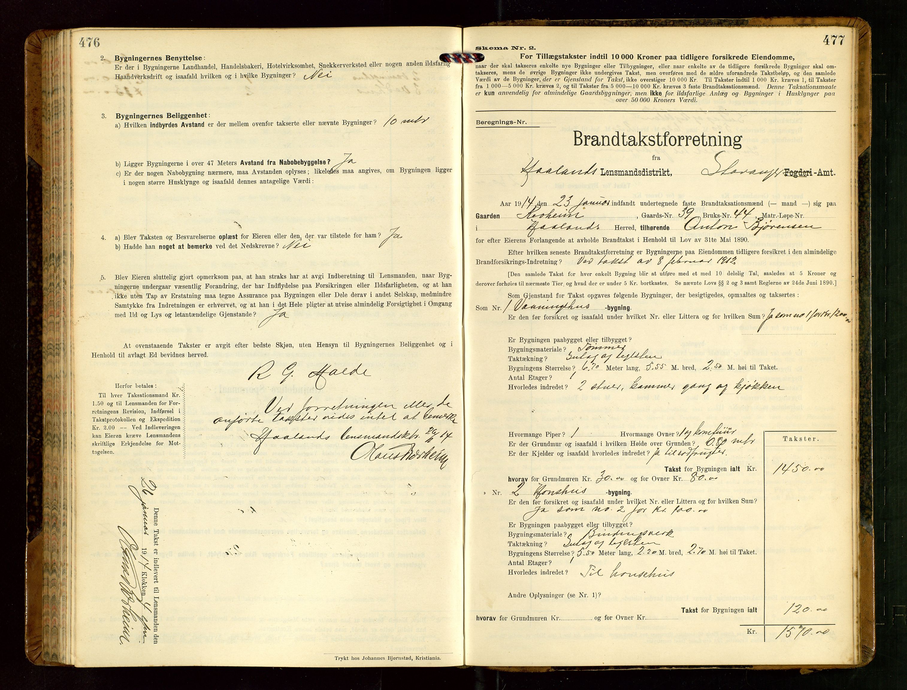 Håland lensmannskontor, AV/SAST-A-100100/Gob/L0004: Branntakstprotokoll - skjematakst. Register i boken., 1913-1915, s. 476-477