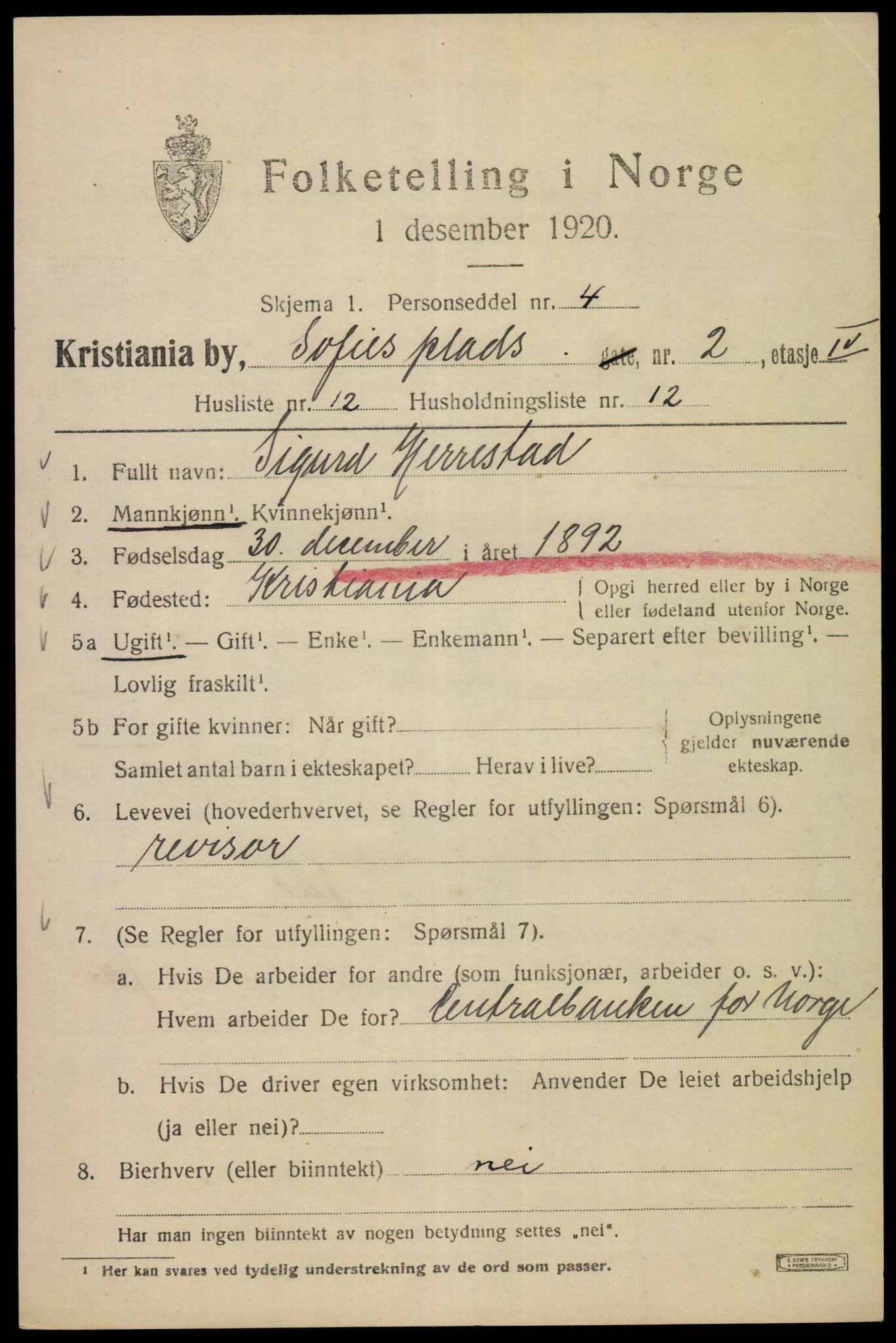 SAO, Folketelling 1920 for 0301 Kristiania kjøpstad, 1920, s. 527003