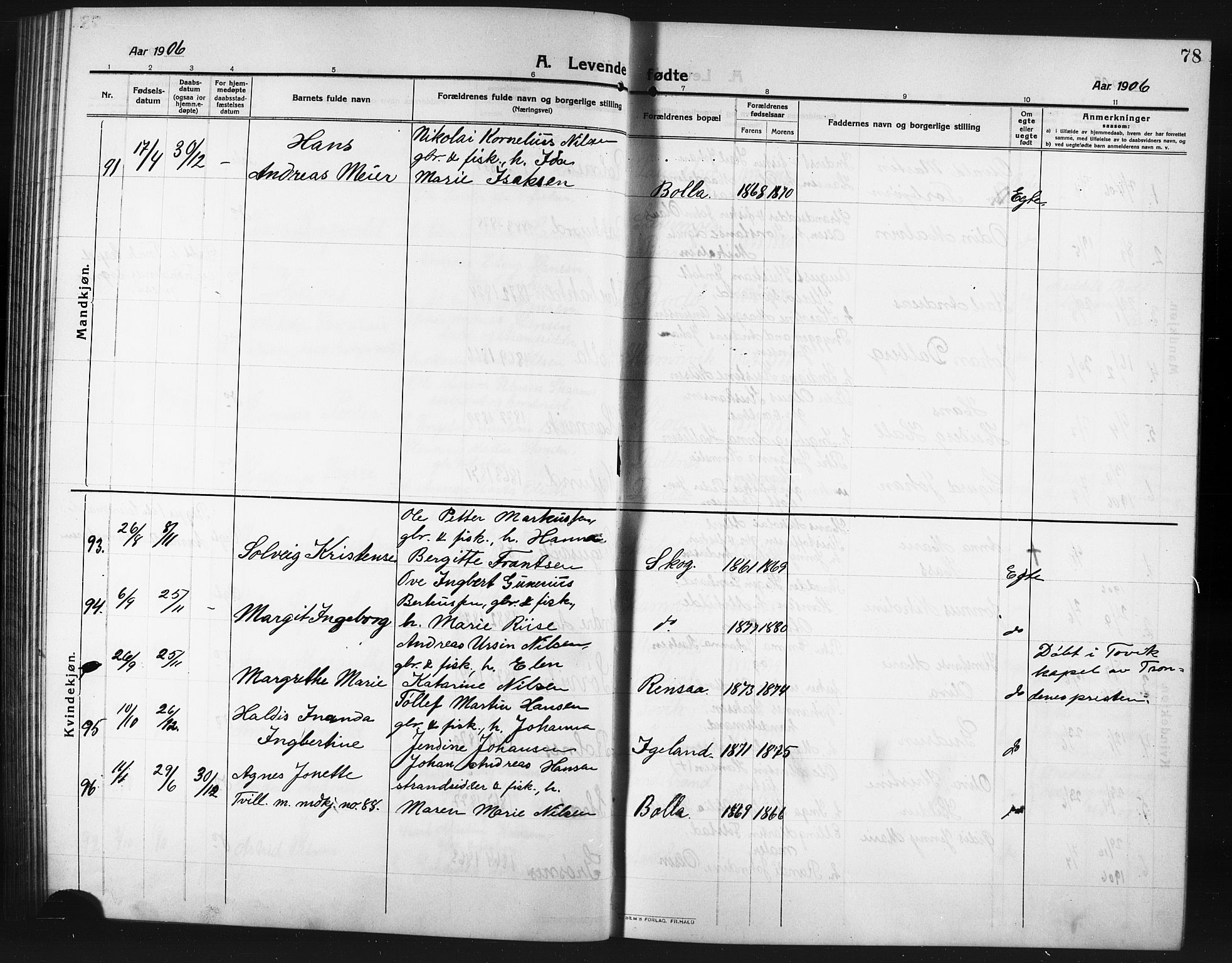 Ibestad sokneprestembete, AV/SATØ-S-0077/H/Ha/Hab/L0009klokker: Klokkerbok nr. 9, 1902-1914, s. 78