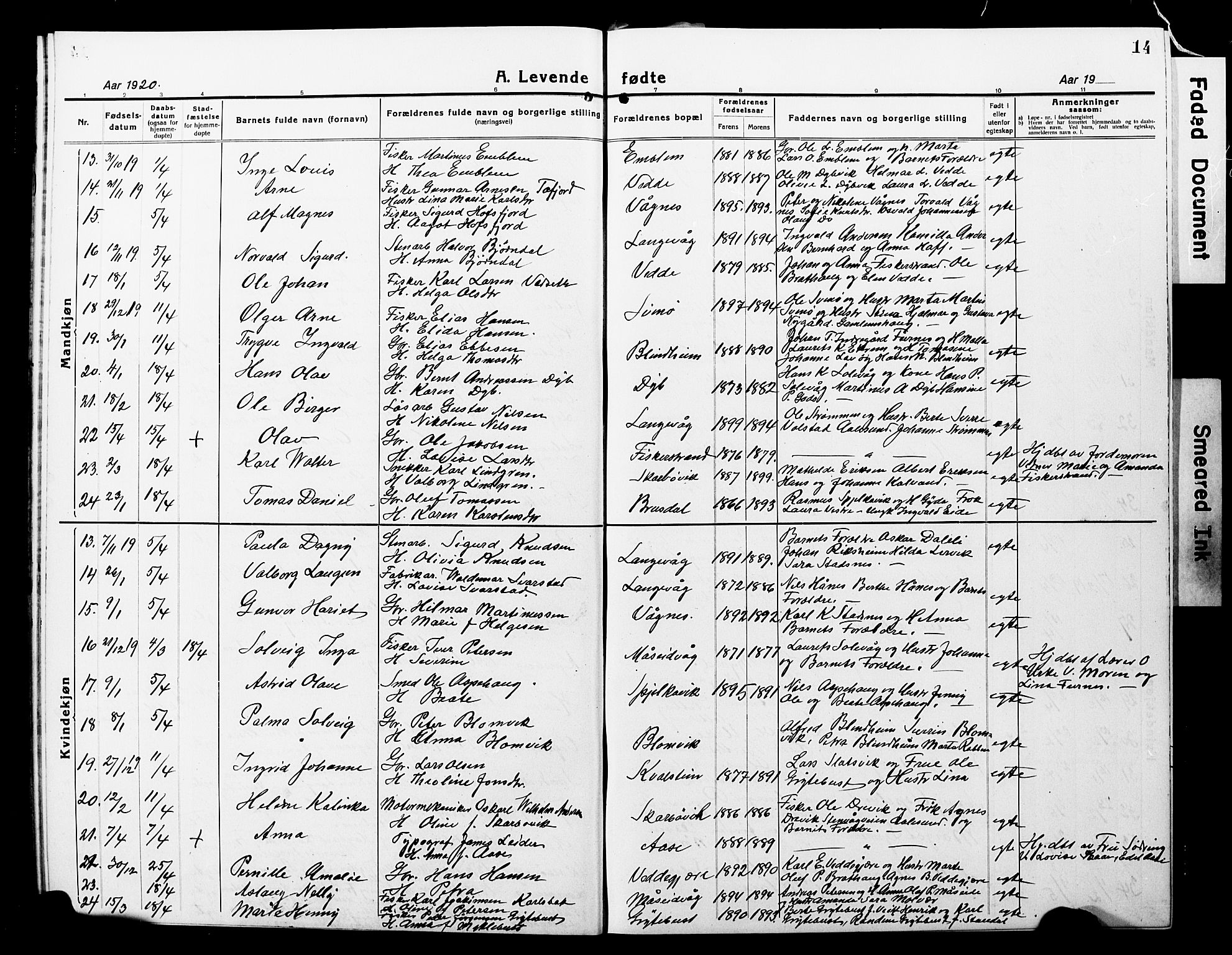 Ministerialprotokoller, klokkerbøker og fødselsregistre - Møre og Romsdal, SAT/A-1454/528/L0434: Klokkerbok nr. 528C15, 1919-1927, s. 14