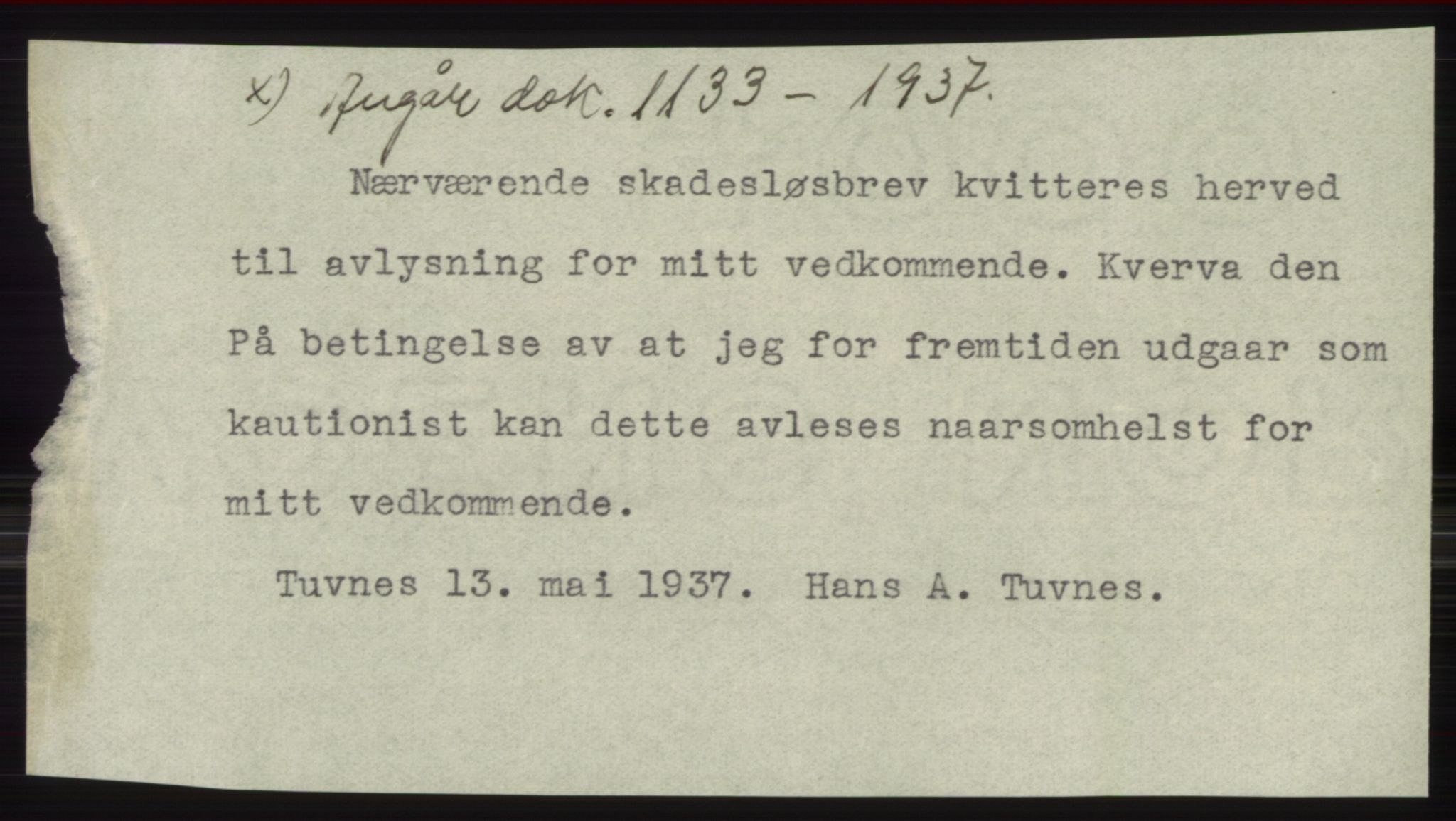 Hitra sorenskriveri, AV/SAT-A-0018/2/2C/2Ca: Pantebok nr. C1, 1936-1945, Dagboknr: 1133/1937