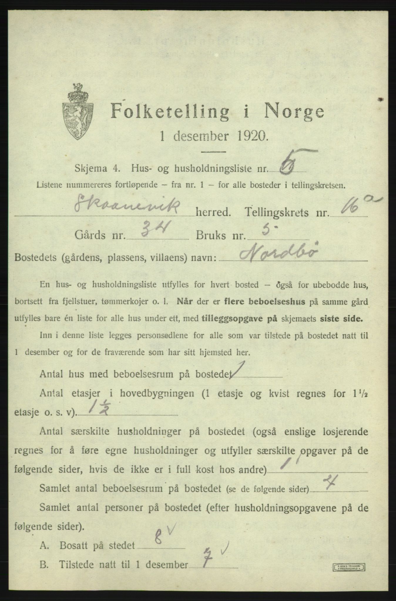 SAB, Folketelling 1920 for 1212 Skånevik herred, 1920, s. 1612