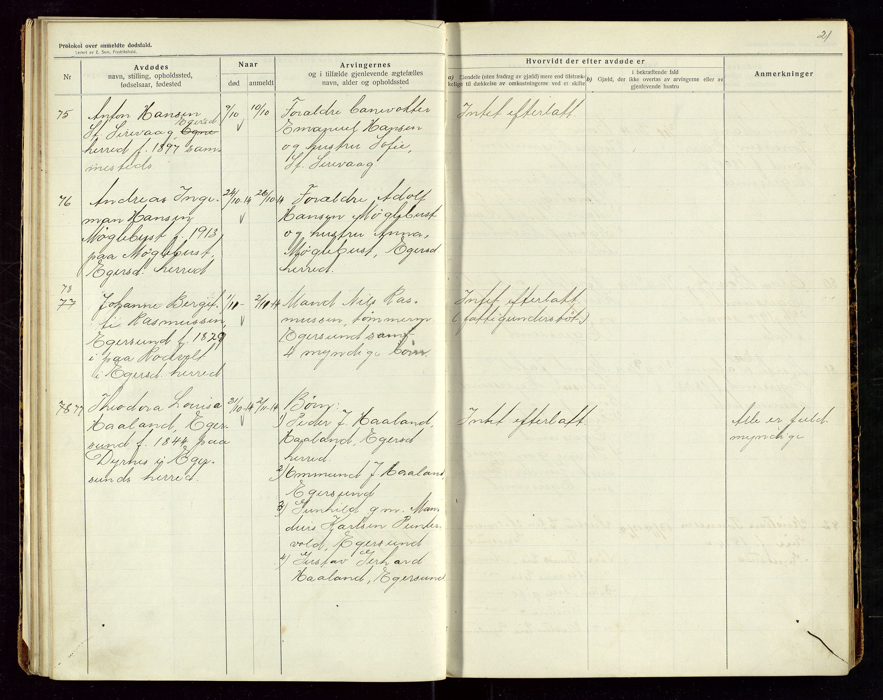 Eigersund lensmannskontor, AV/SAST-A-100171/Gga/L0006: "Protokol over anmeldte dødsfald" m/alfabetisk navneregister, 1914-1917, s. 21