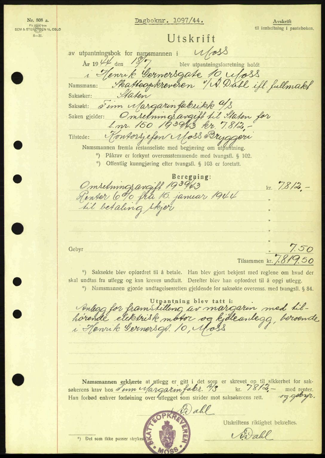 Moss sorenskriveri, SAO/A-10168: Pantebok nr. B13, 1943-1945, Dagboknr: 1097/1944