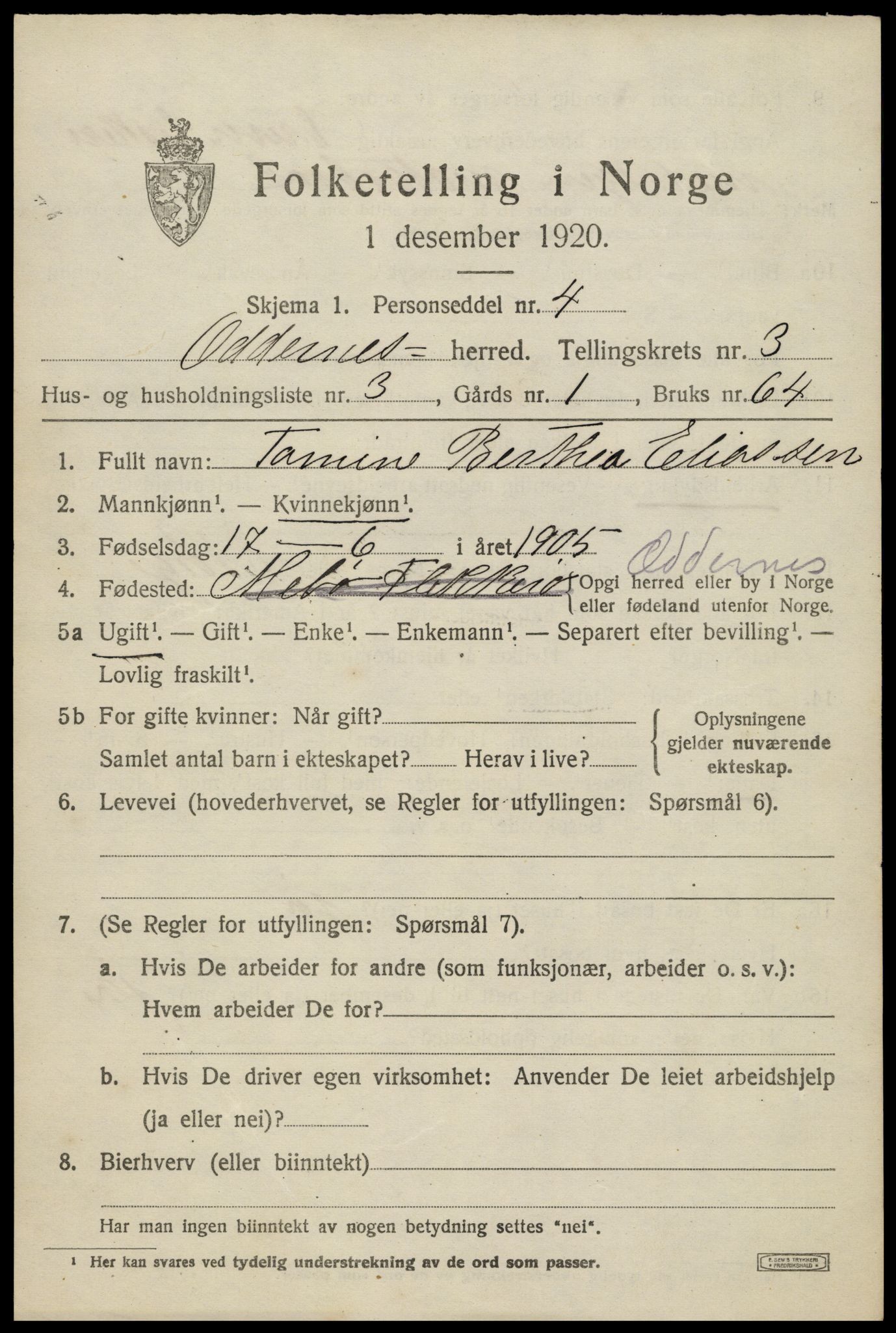 SAK, Folketelling 1920 for 1012 Oddernes herred, 1920, s. 3375