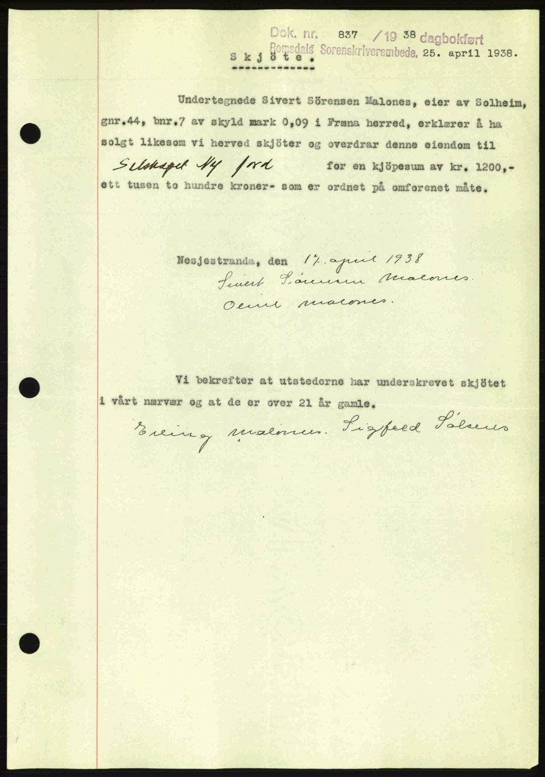 Romsdal sorenskriveri, SAT/A-4149/1/2/2C: Pantebok nr. A5, 1938-1938, Dagboknr: 837/1938