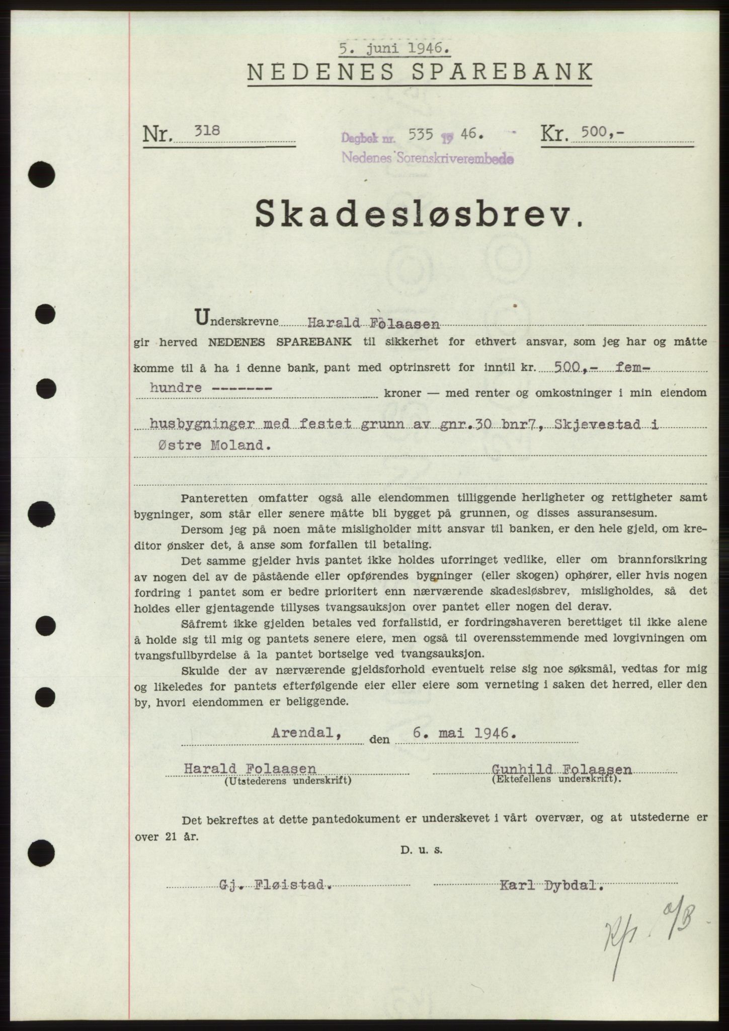 Nedenes sorenskriveri, SAK/1221-0006/G/Gb/Gbb/L0003: Pantebok nr. B3b, 1946-1946, Dagboknr: 535/1946