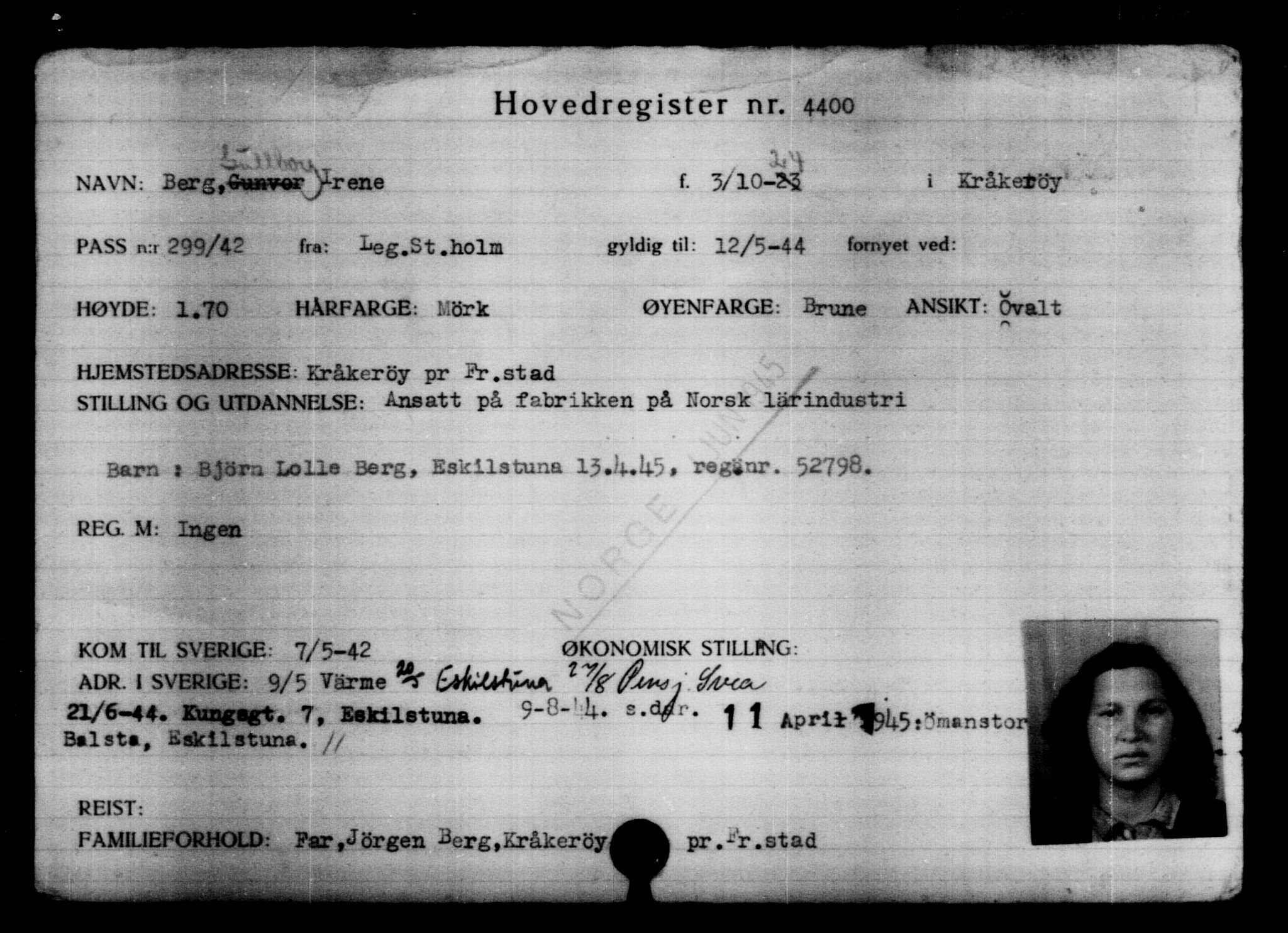 Utenriksstasjonene, Legasjonen i Stockholm, Flyktningkontoret, AV/RA-S-6753/V/Va/L0004: Kjesäterkartoteket, flyktninger med registreringsnr. 3496-6610, 1940-1945, s. 1096