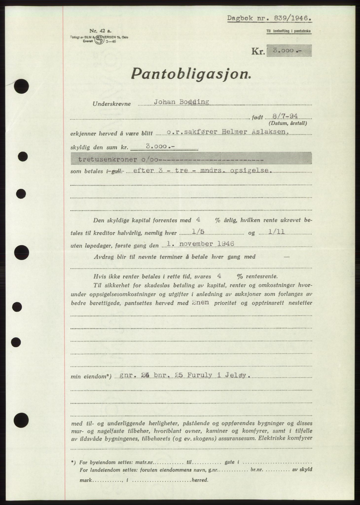 Moss sorenskriveri, SAO/A-10168: Pantebok nr. B15, 1946-1946, Dagboknr: 839/1946