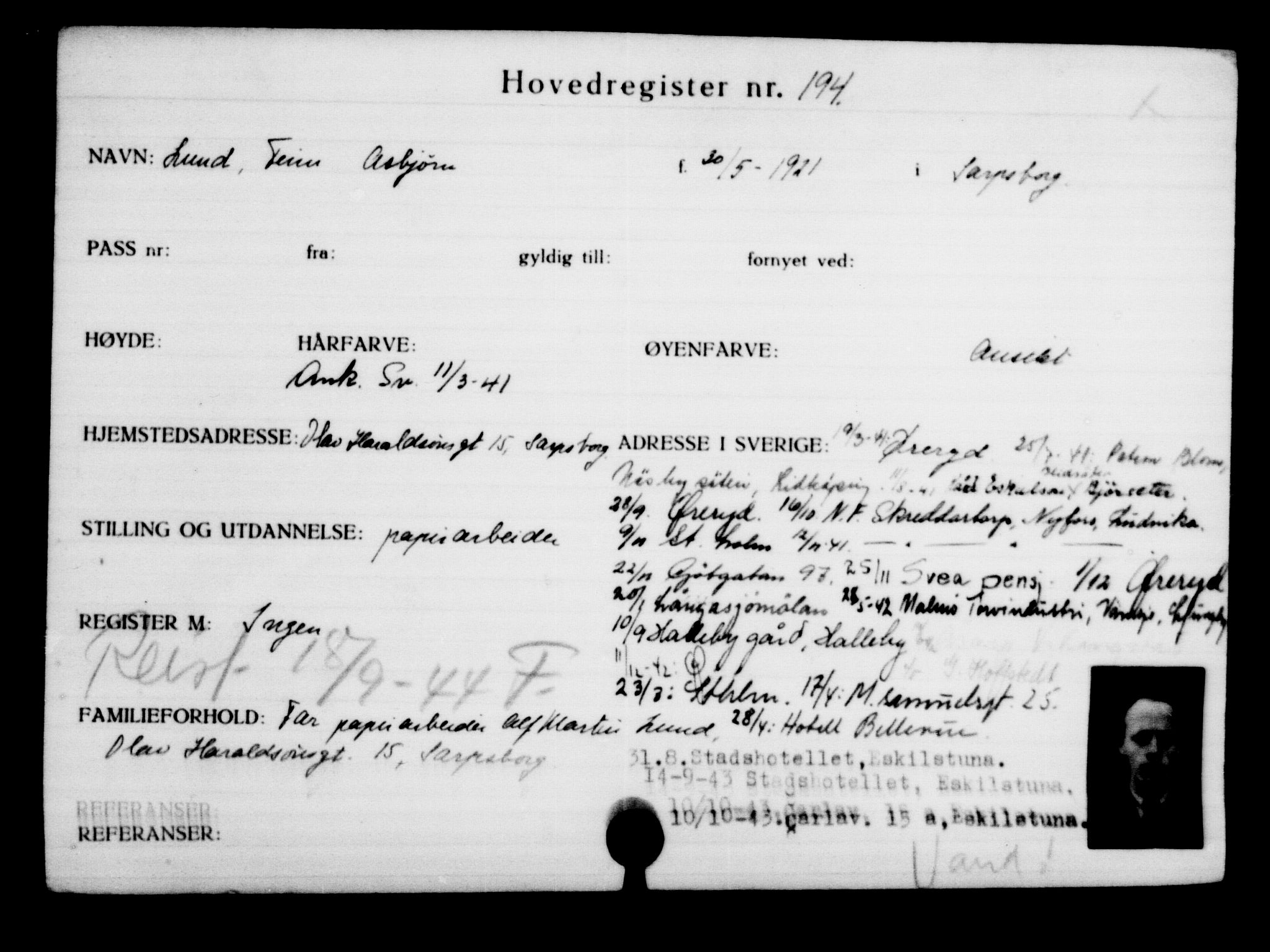 Utenriksstasjonene, Legasjonen i Stockholm, Flyktningkontoret, AV/RA-S-6753/V/Va/L0001: Kjesäterkartoteket, flyktninger med registreringsnr. 1-1000, 1940-1945, s. 311