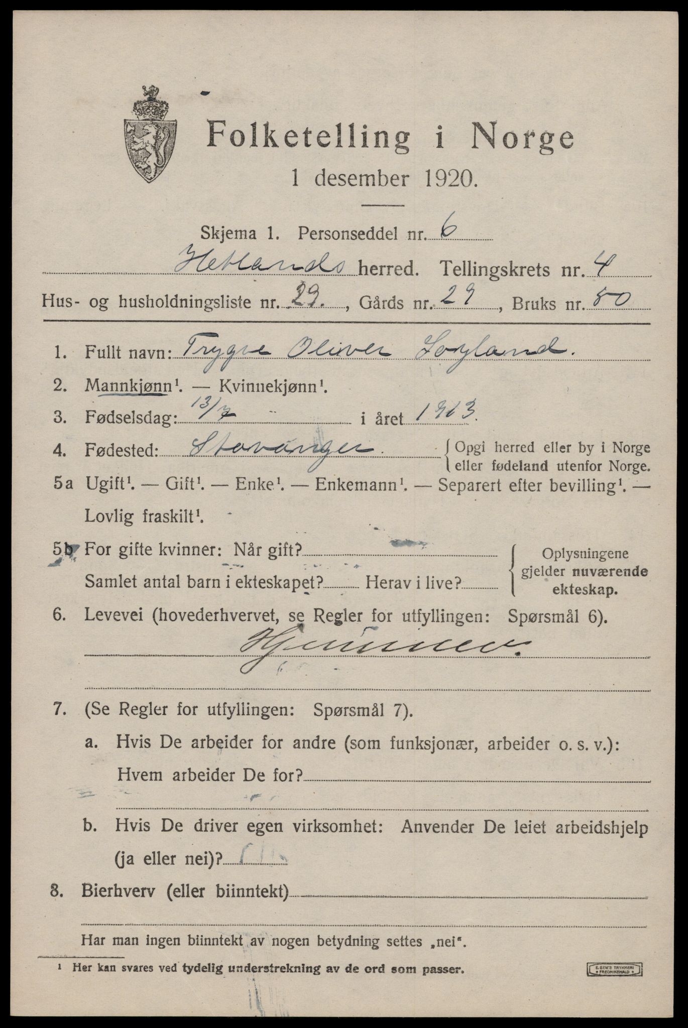 SAST, Folketelling 1920 for 1126 Hetland herred, 1920, s. 6581