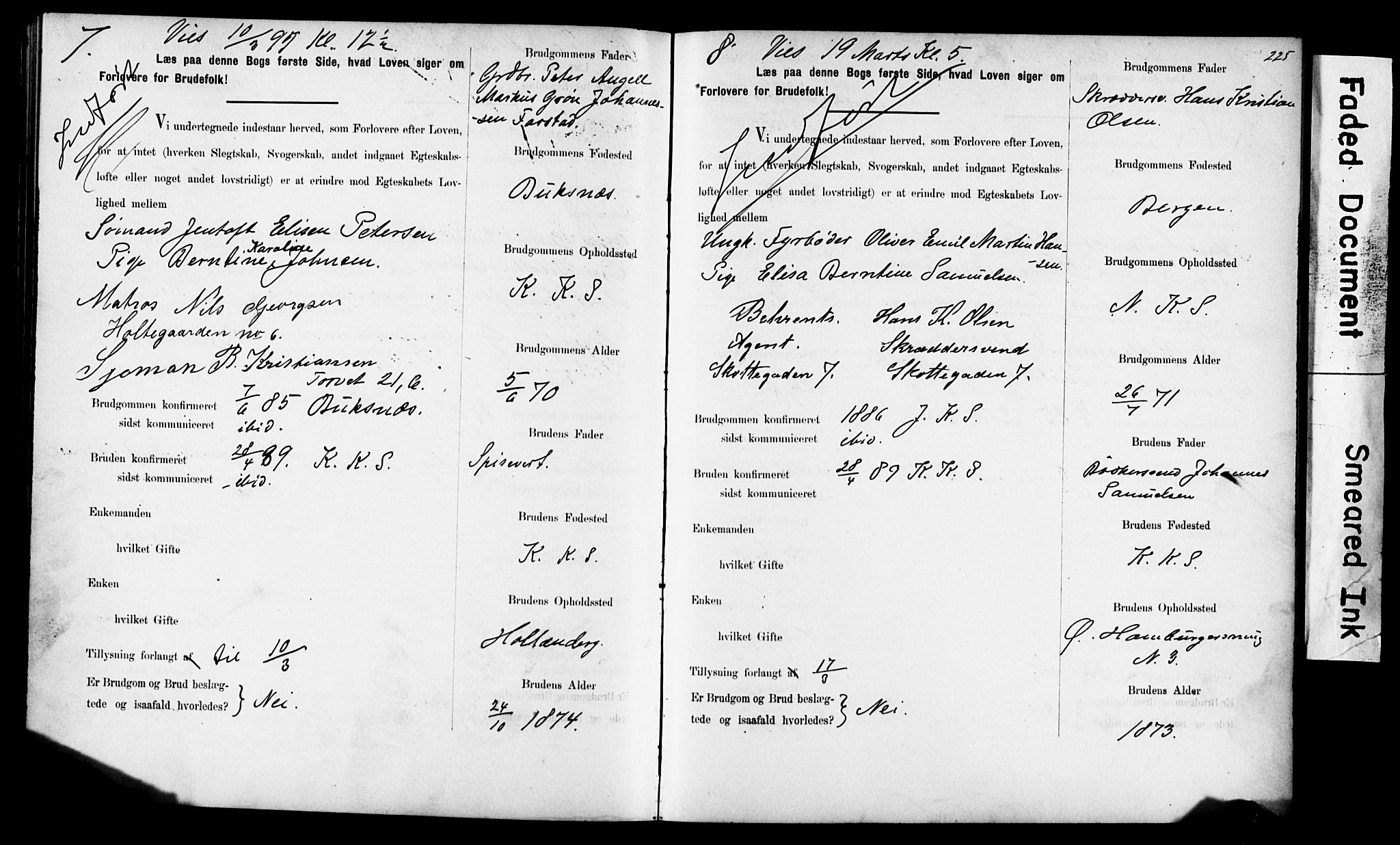 Korskirken sokneprestembete, SAB/A-76101: Forlovererklæringer nr. II.5.6, 1889-1898, s. 225