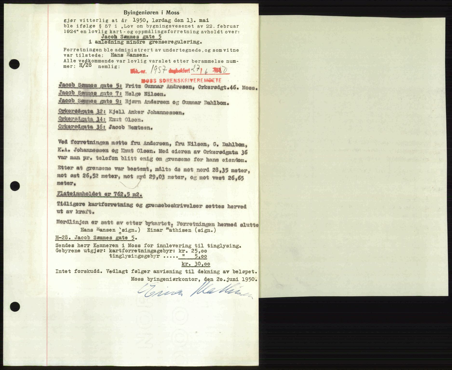 Moss sorenskriveri, SAO/A-10168: Pantebok nr. A26, 1950-1950, Dagboknr: 1957/1950