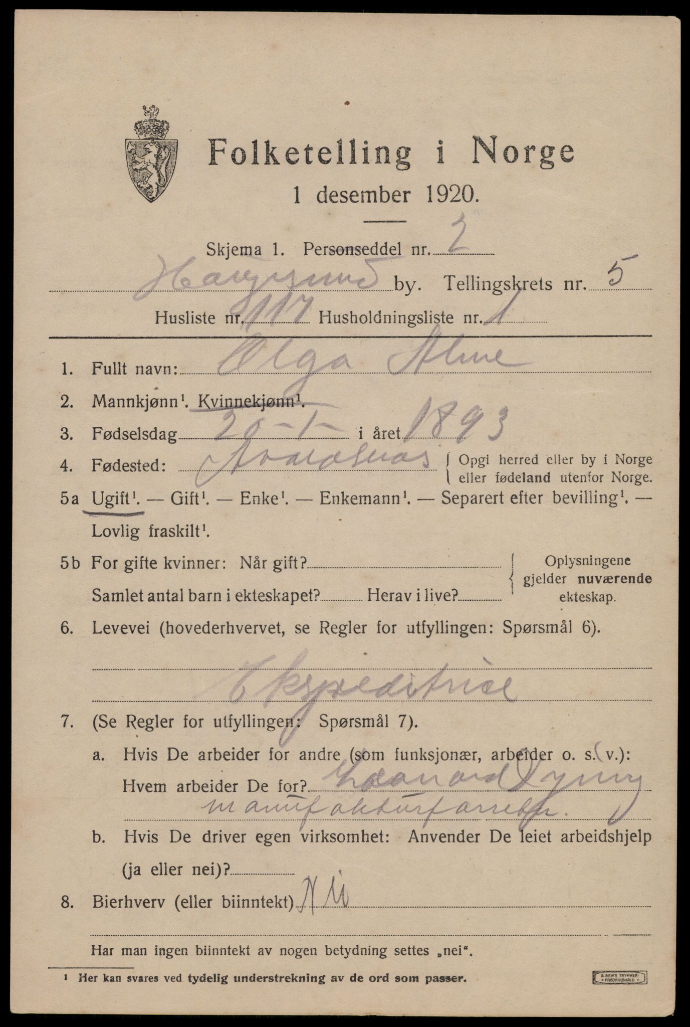 SAST, Folketelling 1920 for 1106 Haugesund kjøpstad, 1920, s. 20365