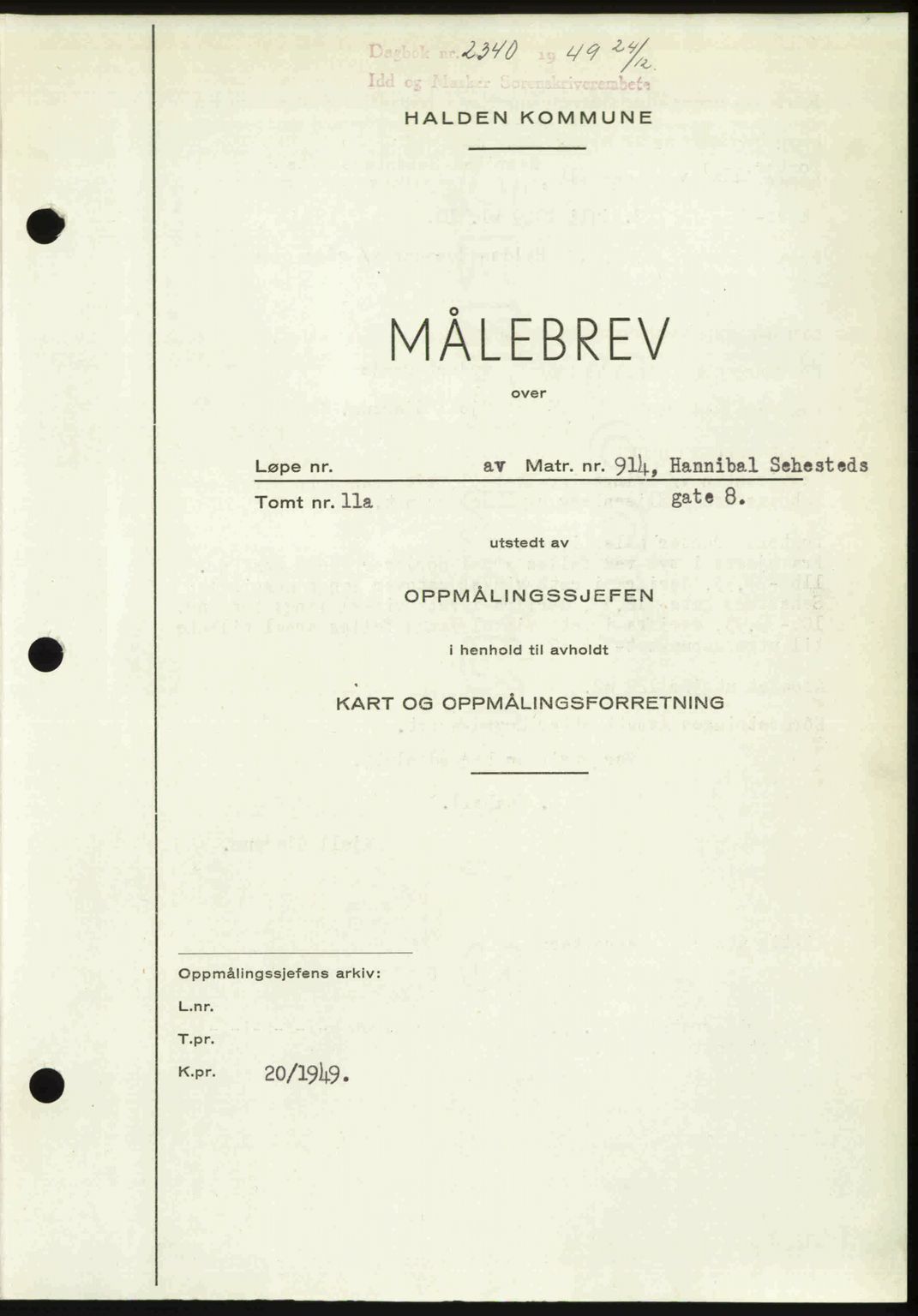 Idd og Marker sorenskriveri, SAO/A-10283/G/Gb/Gbb/L0013: Pantebok nr. A13, 1949-1950, Dagboknr: 2340/1949