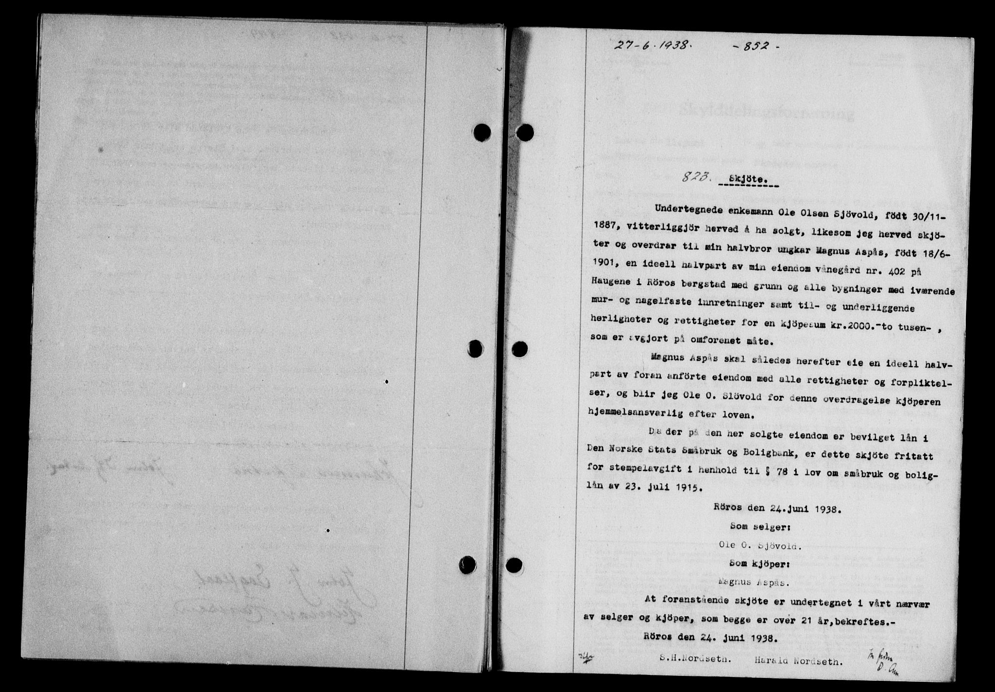 Gauldal sorenskriveri, SAT/A-0014/1/2/2C/L0048: Pantebok nr. 51-52, 1937-1938, s. 852, Dagboknr: 823/1938
