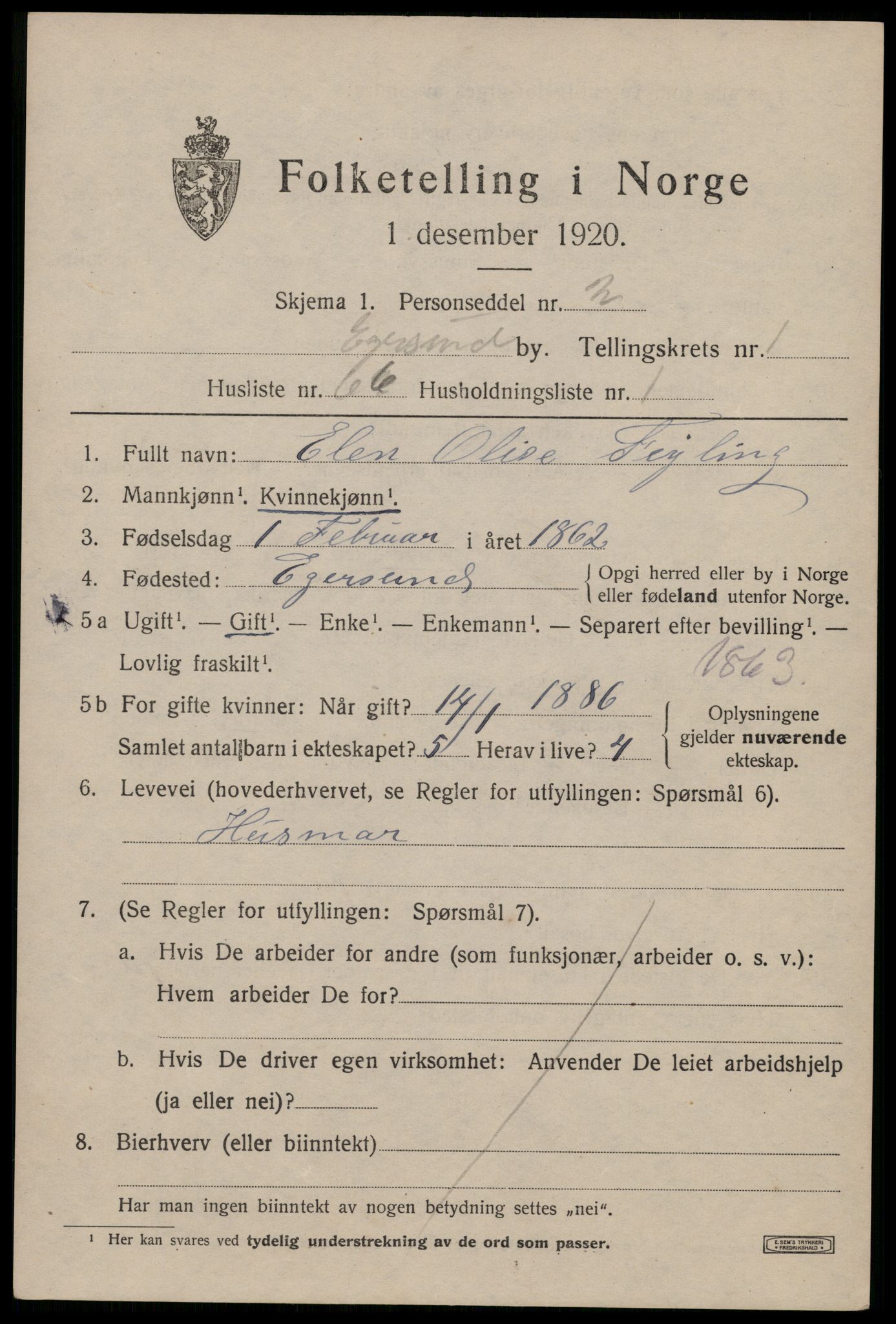 SAST, Folketelling 1920 for 1101 Egersund ladested, 1920, s. 3636