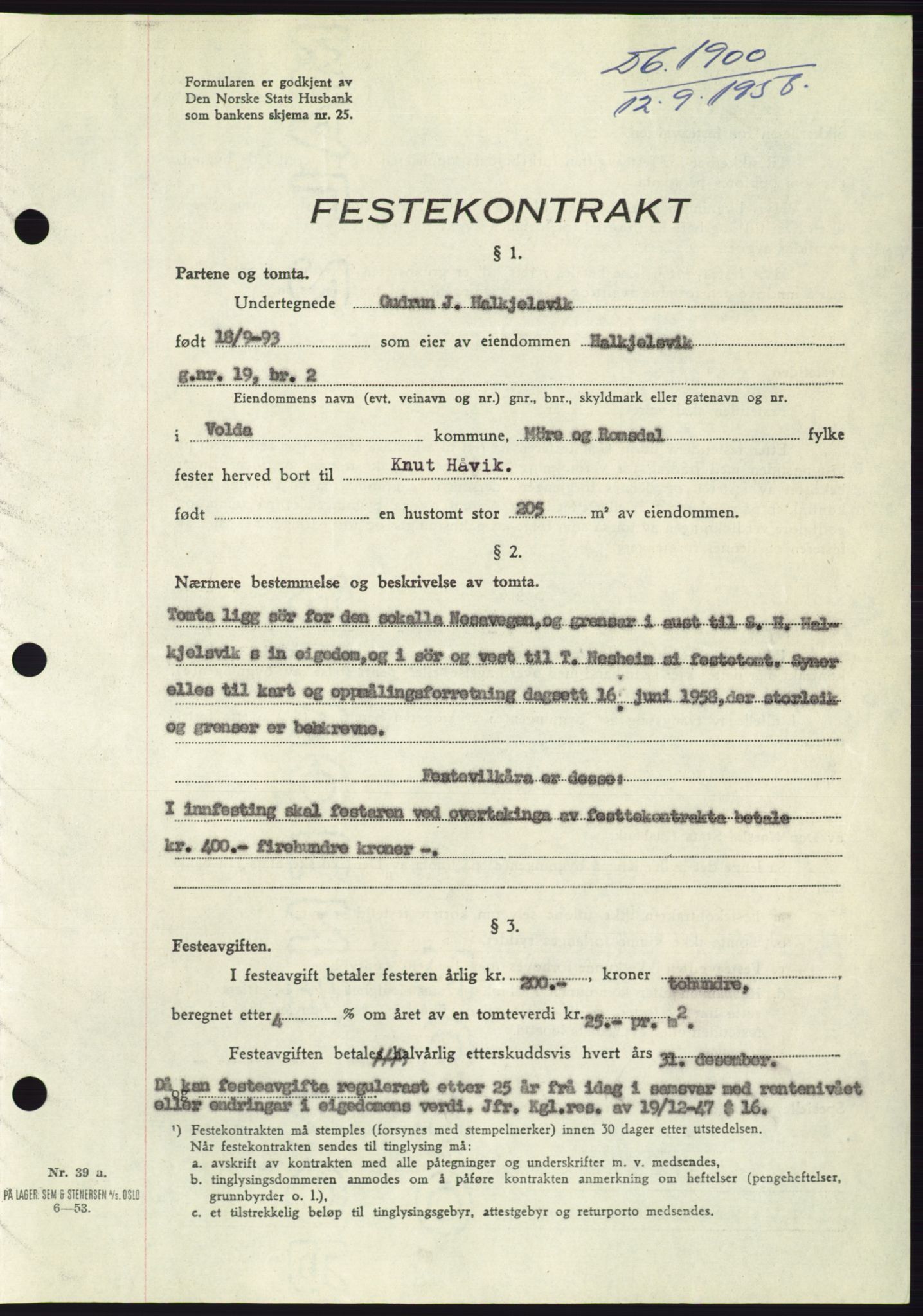 Søre Sunnmøre sorenskriveri, AV/SAT-A-4122/1/2/2C/L0110: Pantebok nr. 36A, 1958-1958, Dagboknr: 1900/1958
