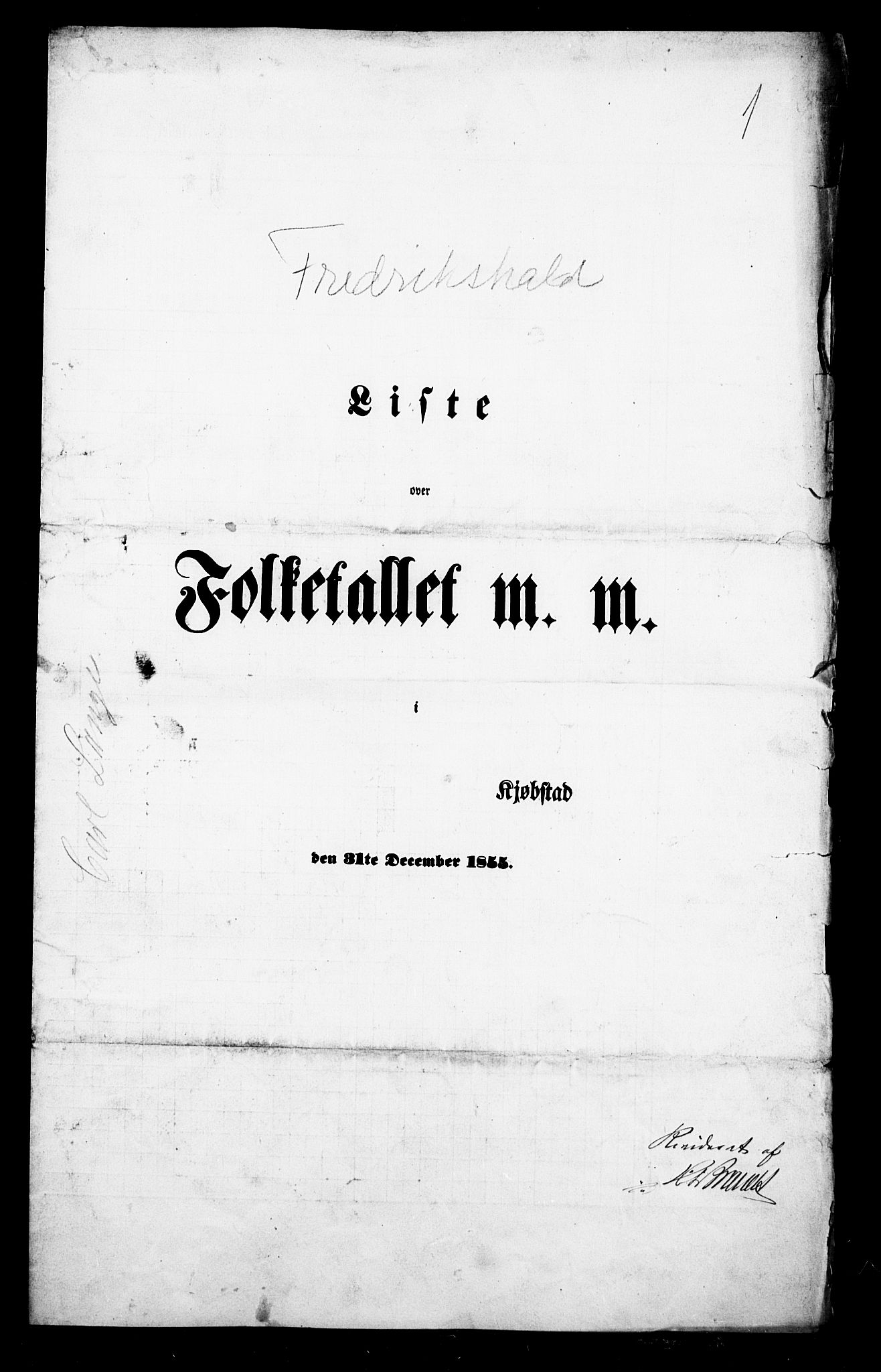 , Folketelling 1855 for 0101P Fredrikshald prestegjeld, 1855, s. 1
