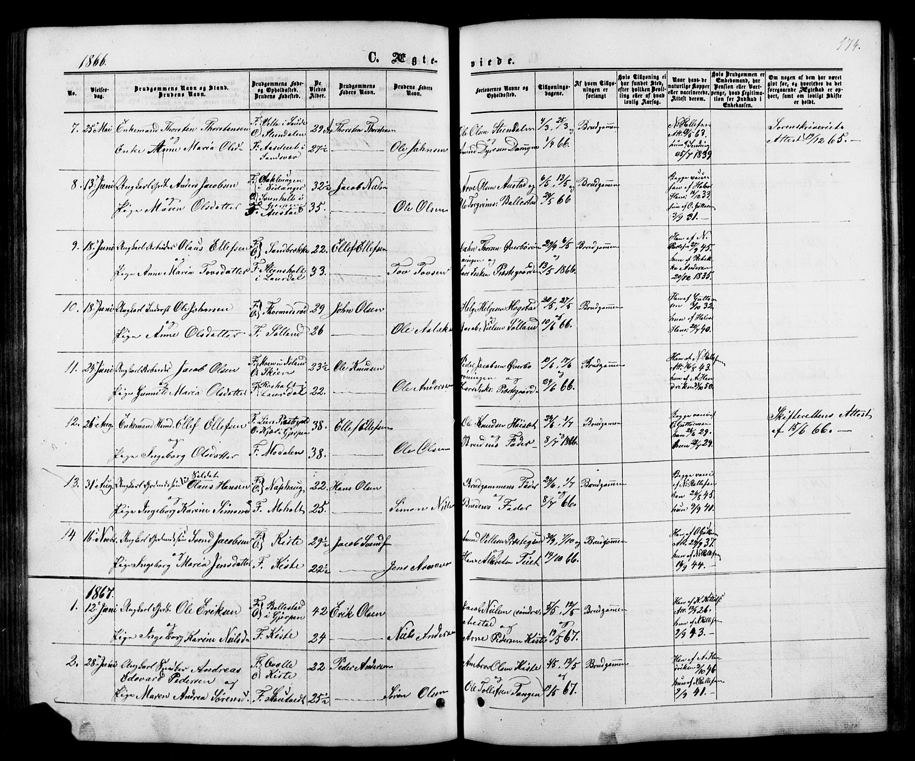Siljan kirkebøker, AV/SAKO-A-300/G/Ga/L0002: Klokkerbok nr. 2, 1864-1908, s. 174