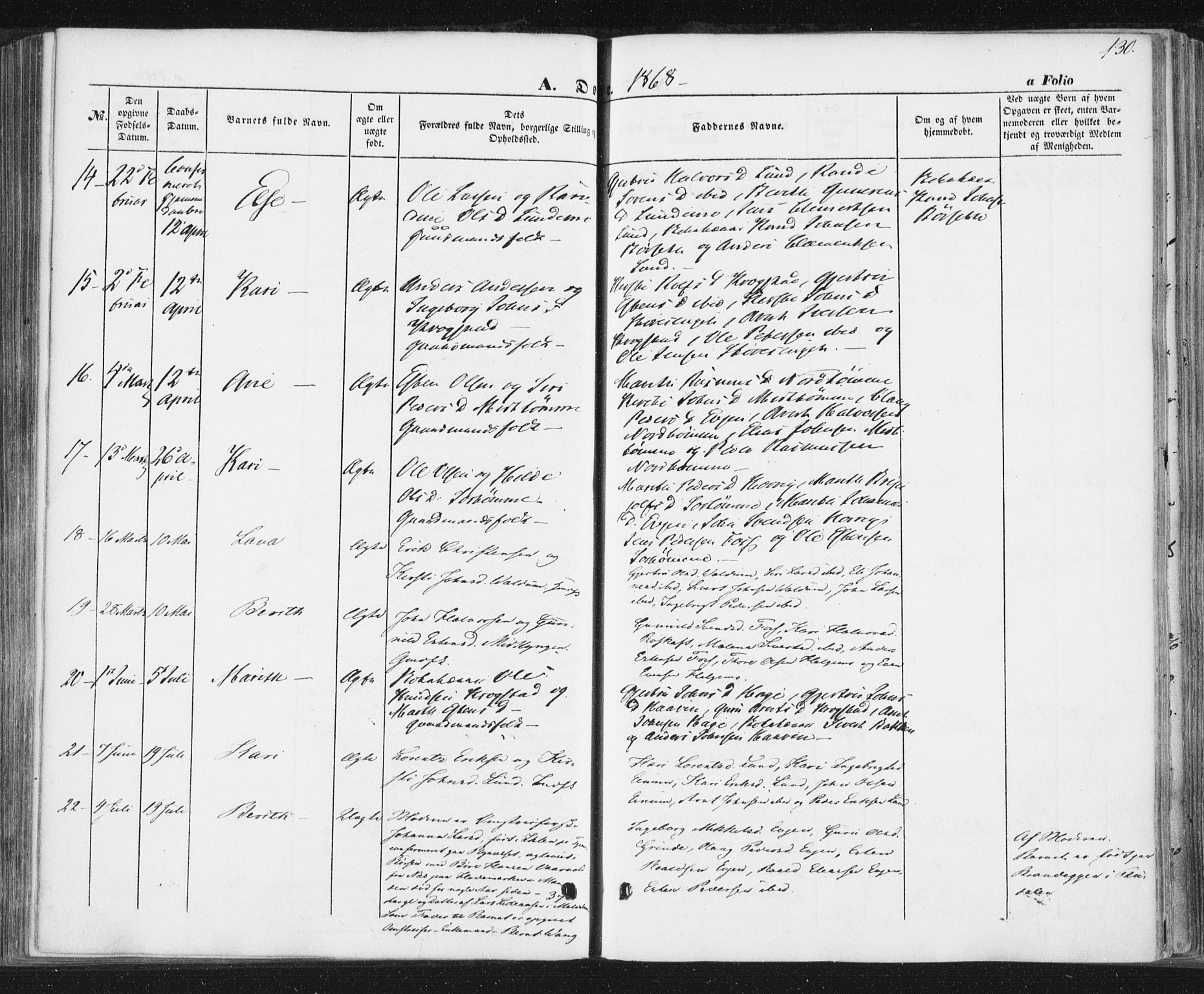Ministerialprotokoller, klokkerbøker og fødselsregistre - Sør-Trøndelag, SAT/A-1456/692/L1103: Ministerialbok nr. 692A03, 1849-1870, s. 130