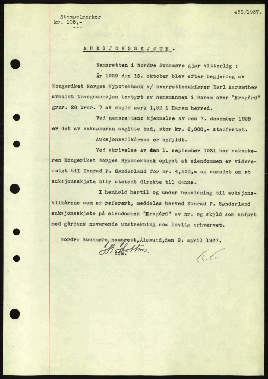 Nordre Sunnmøre sorenskriveri, SAT/A-0006/1/2/2C/2Ca: Pantebok nr. A2, 1936-1937, Dagboknr: 458/1937