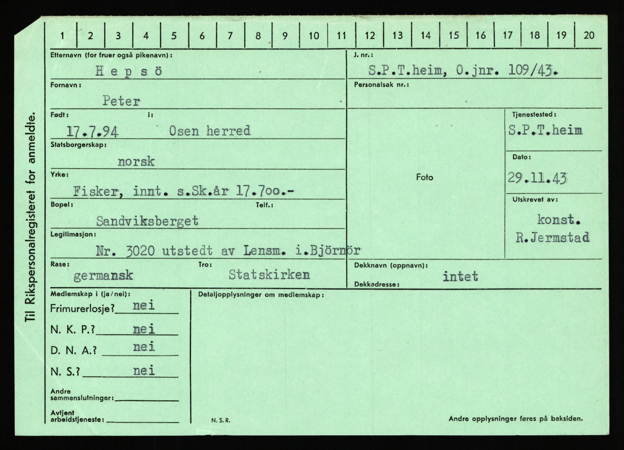 Statspolitiet - Hovedkontoret / Osloavdelingen, AV/RA-S-1329/C/Ca/L0006: Hanche - Hokstvedt, 1943-1945, s. 3831