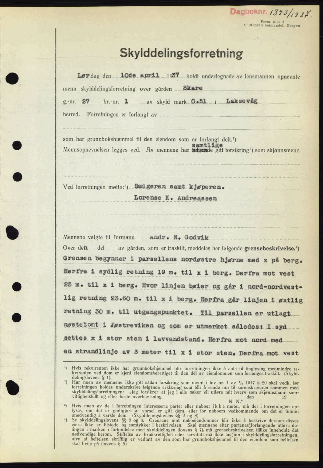 Midhordland sorenskriveri, SAB/A-3001/1/G/Gb/Gbk/L0001: Pantebok nr. A1-6, 1936-1937, Dagboknr: 1393/1937