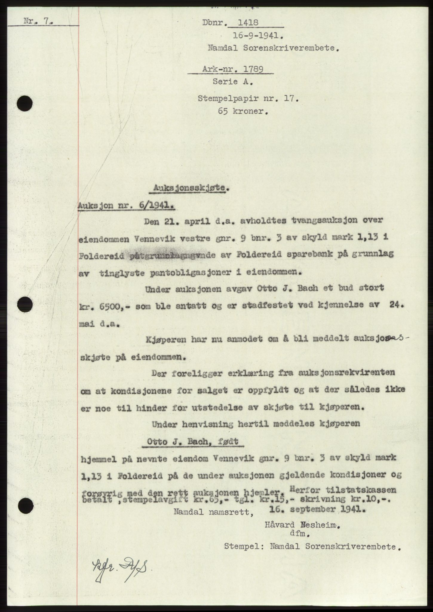 Namdal sorenskriveri, SAT/A-4133/1/2/2C: Pantebok nr. -, 1941-1942, Dagboknr: 1418/1941