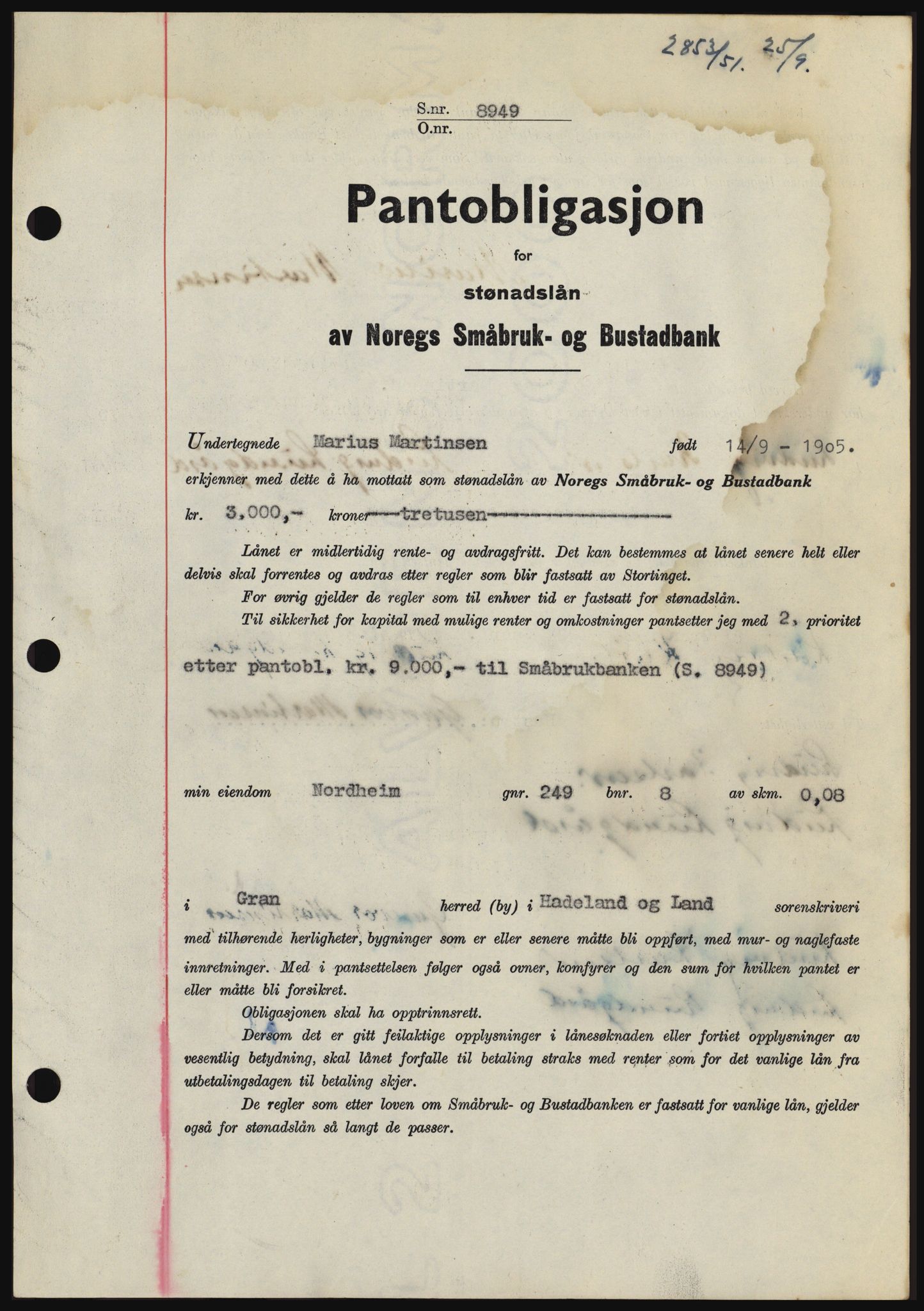 Hadeland og Land tingrett, SAH/TING-010/H/Hb/Hbc/L0022: Pantebok nr. B22, 1951-1951, Dagboknr: 2853/1951