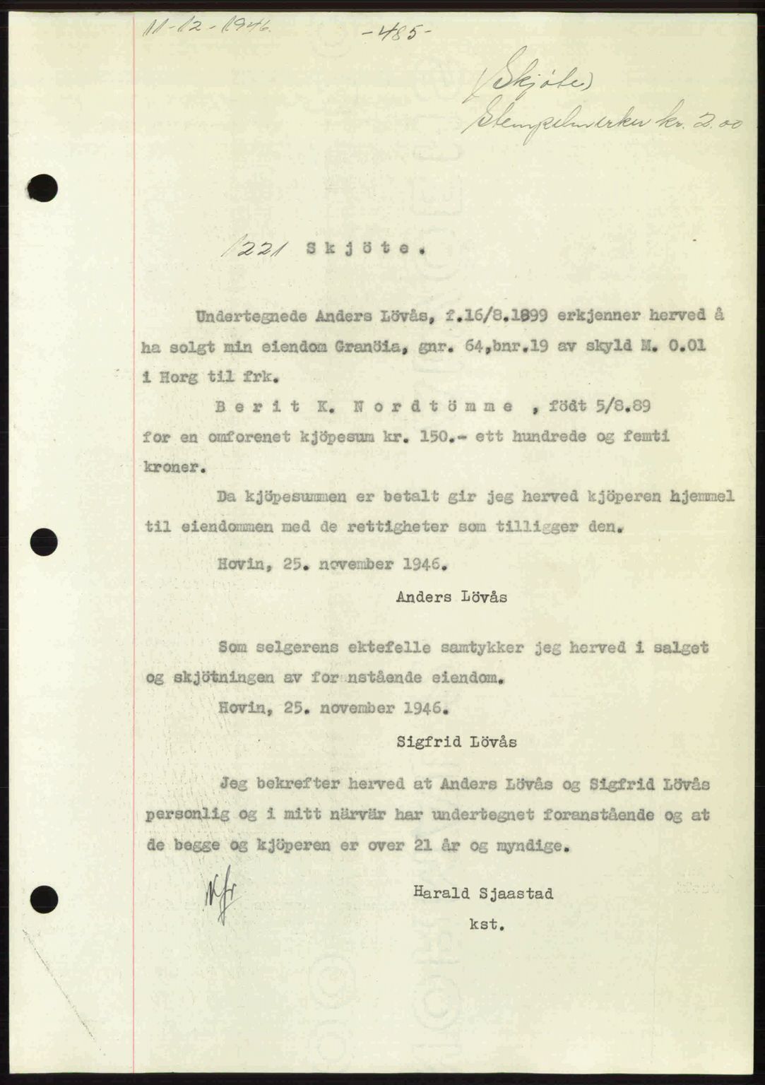 Gauldal sorenskriveri, SAT/A-0014/1/2/2C: Pantebok nr. A2, 1946-1946, Dagboknr: 1221/1946