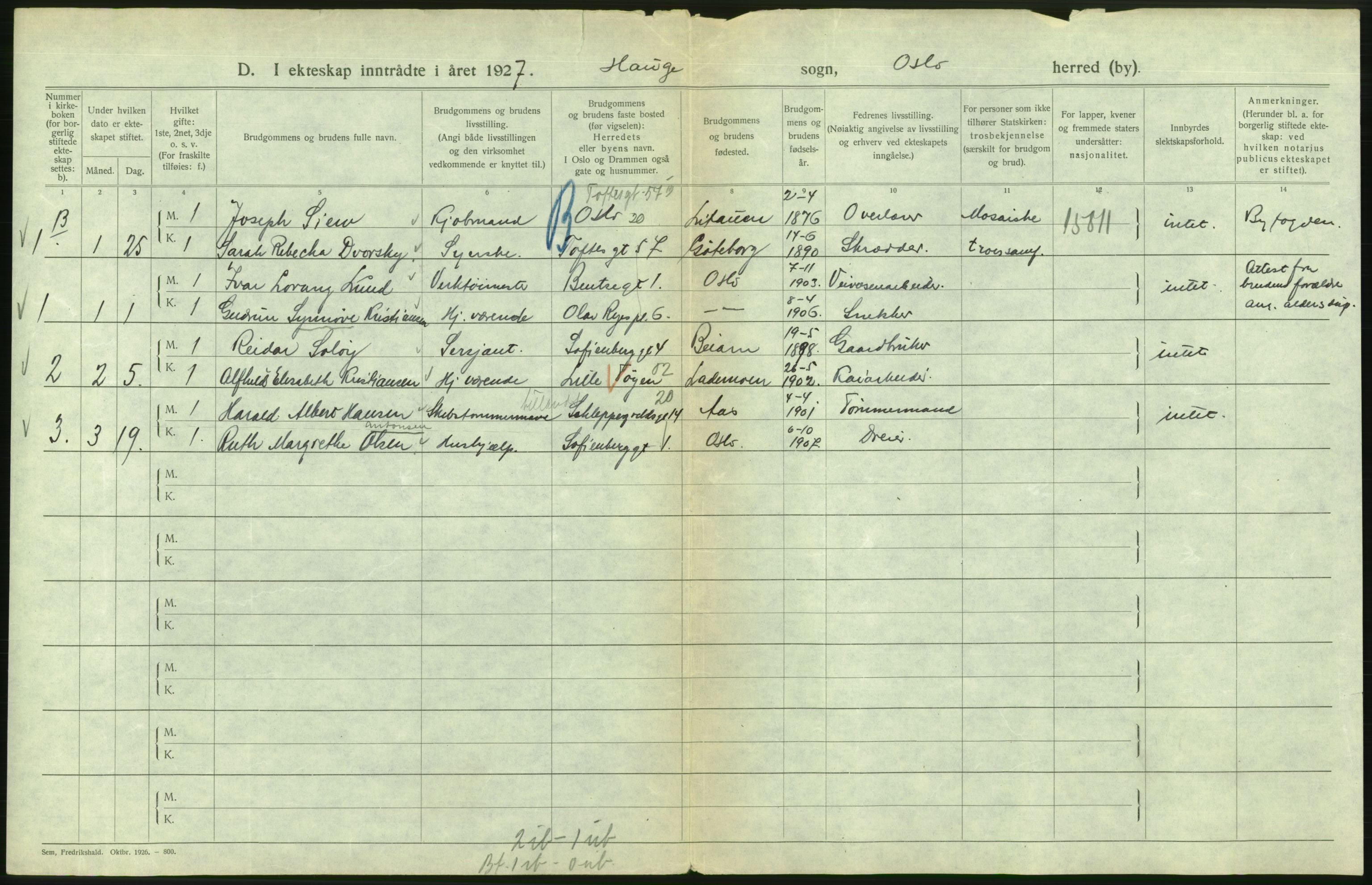 Statistisk sentralbyrå, Sosiodemografiske emner, Befolkning, AV/RA-S-2228/D/Df/Dfc/Dfcg/L0008: Oslo: Gifte, 1927, s. 744
