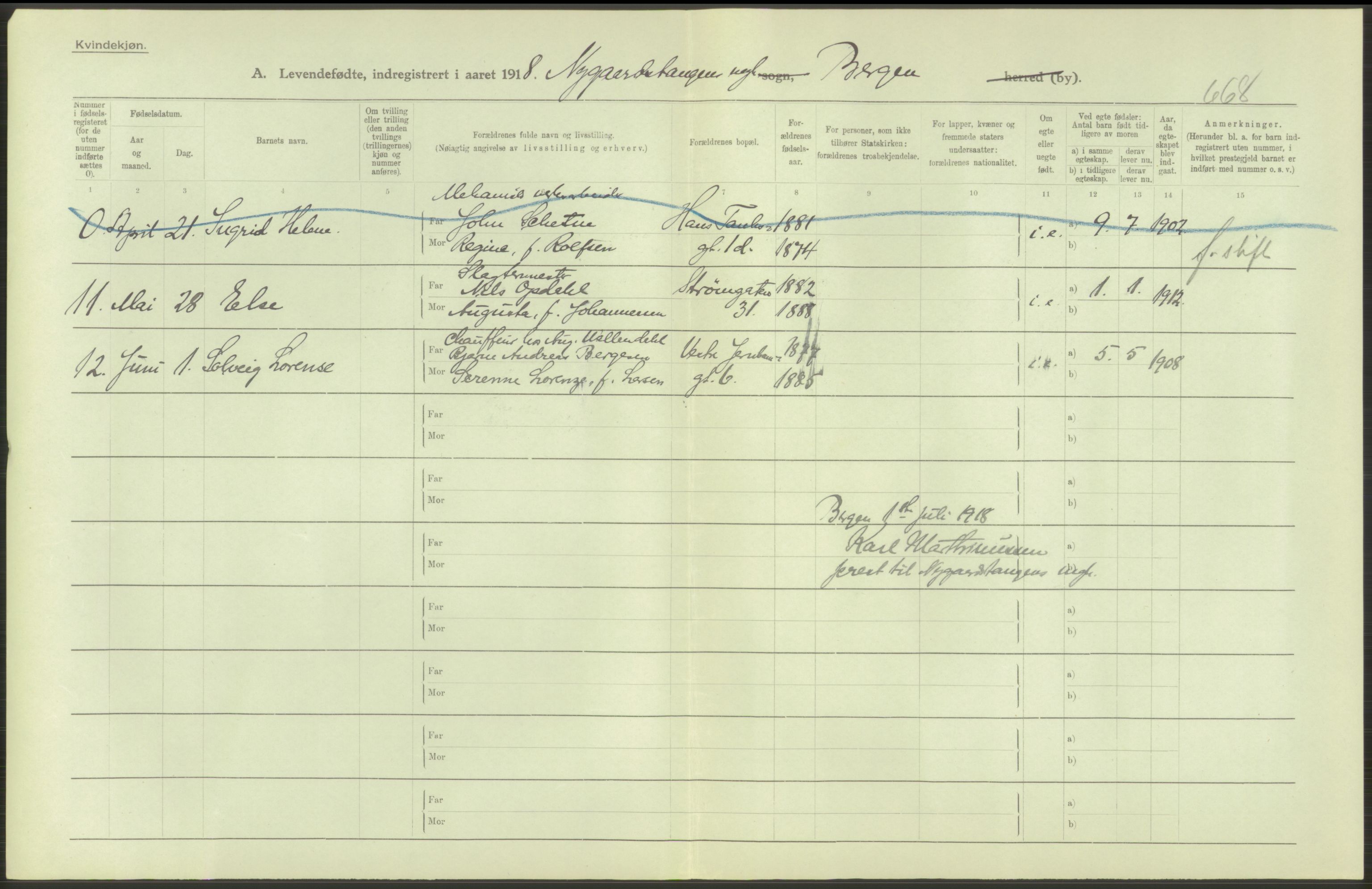 Statistisk sentralbyrå, Sosiodemografiske emner, Befolkning, AV/RA-S-2228/D/Df/Dfb/Dfbh/L0037: Bergen: Levendefødte menn og kvinner., 1918, s. 28