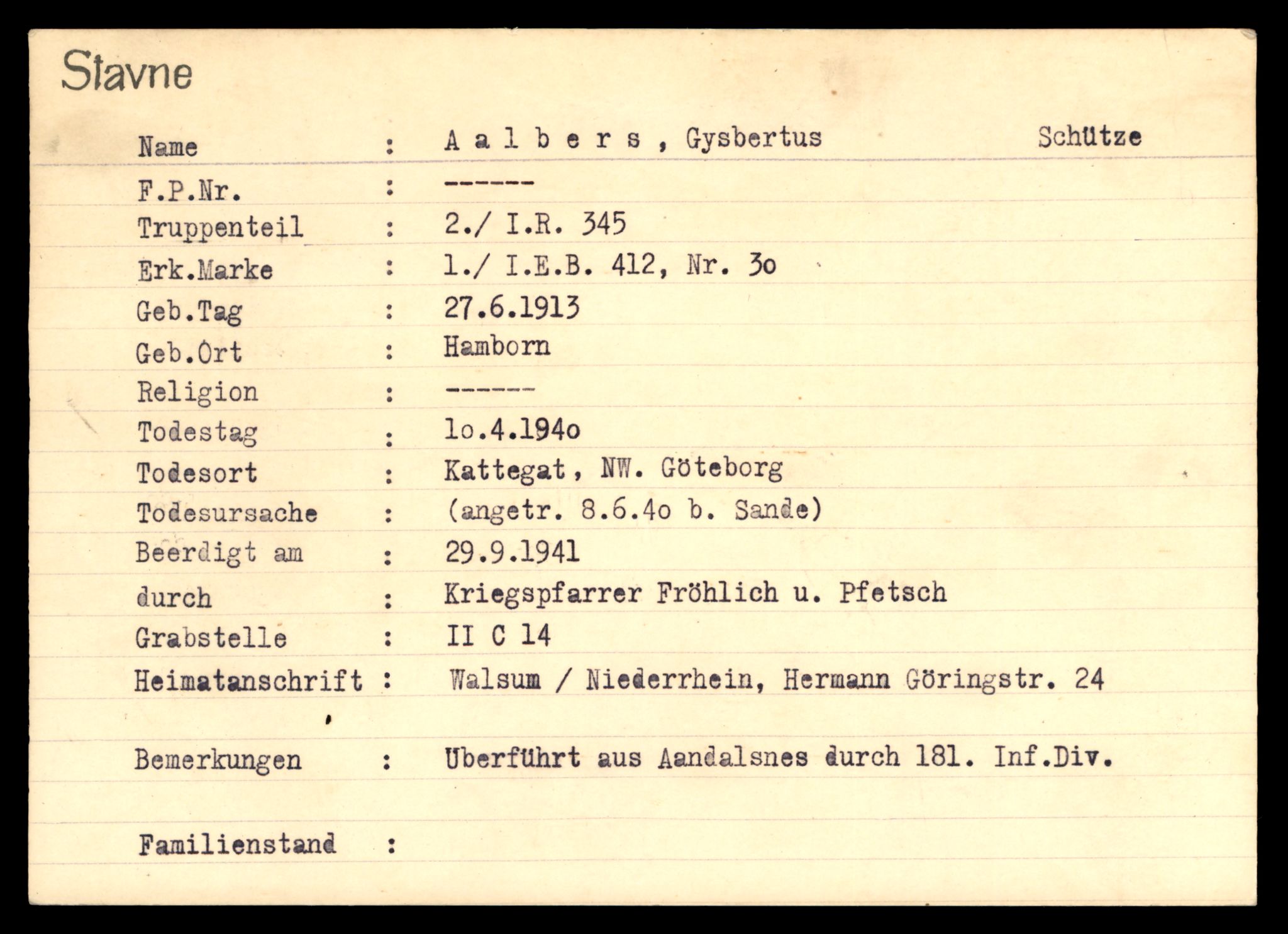 Distriktskontoret for krigsgraver, SAT/A-5030/E/L0003: Kasett/kartotek over tysk Krigskirkegård Stavne, 1945, s. 3