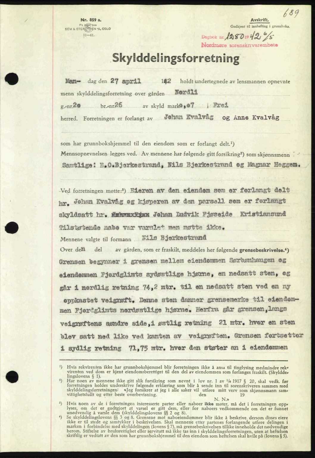 Nordmøre sorenskriveri, SAT/A-4132/1/2/2Ca: Pantebok nr. A92, 1942-1942, Dagboknr: 1280/1942