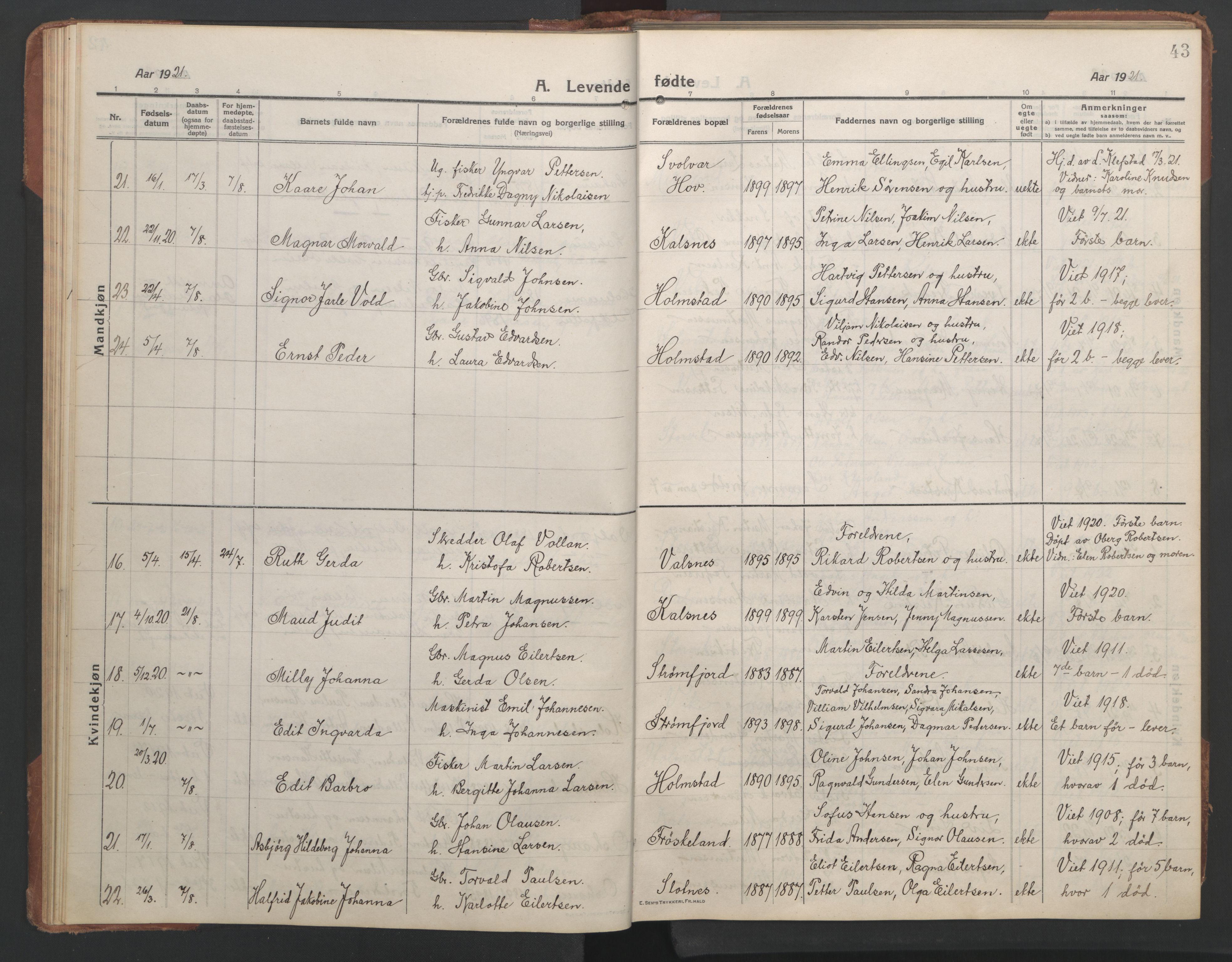 Ministerialprotokoller, klokkerbøker og fødselsregistre - Nordland, AV/SAT-A-1459/890/L1291: Klokkerbok nr. 890C02, 1913-1954, s. 43