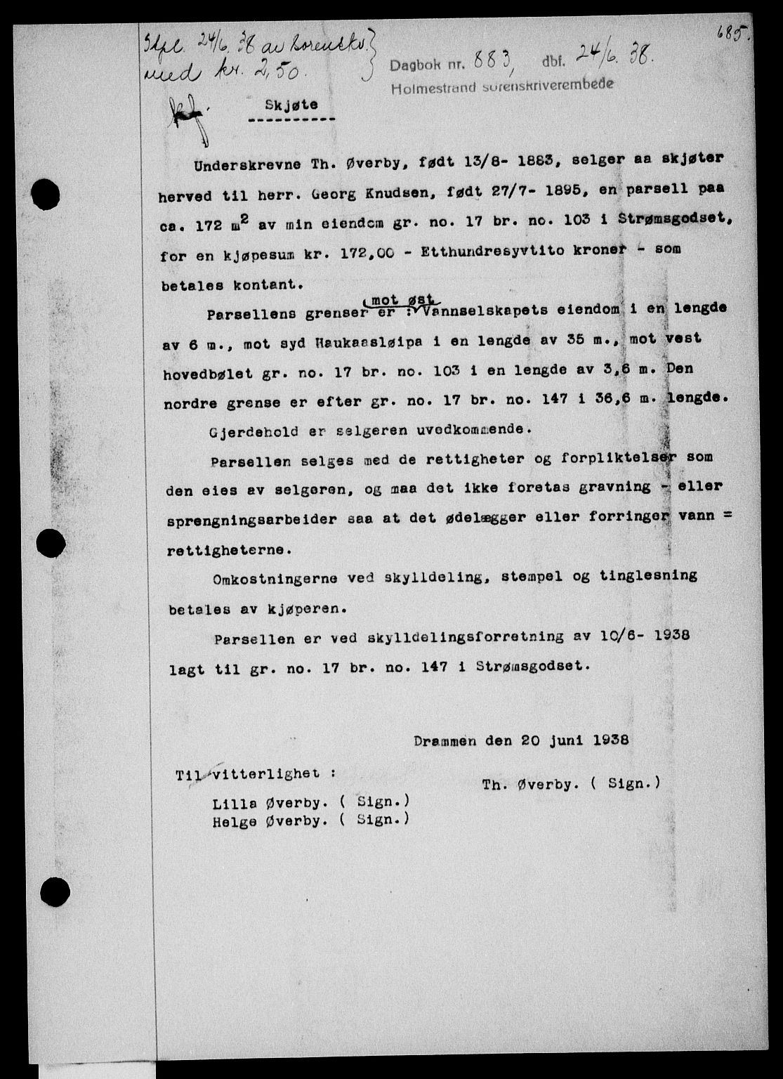 Holmestrand sorenskriveri, SAKO/A-67/G/Ga/Gaa/L0049: Pantebok nr. A-49, 1937-1938, Dagboknr: 883/1938