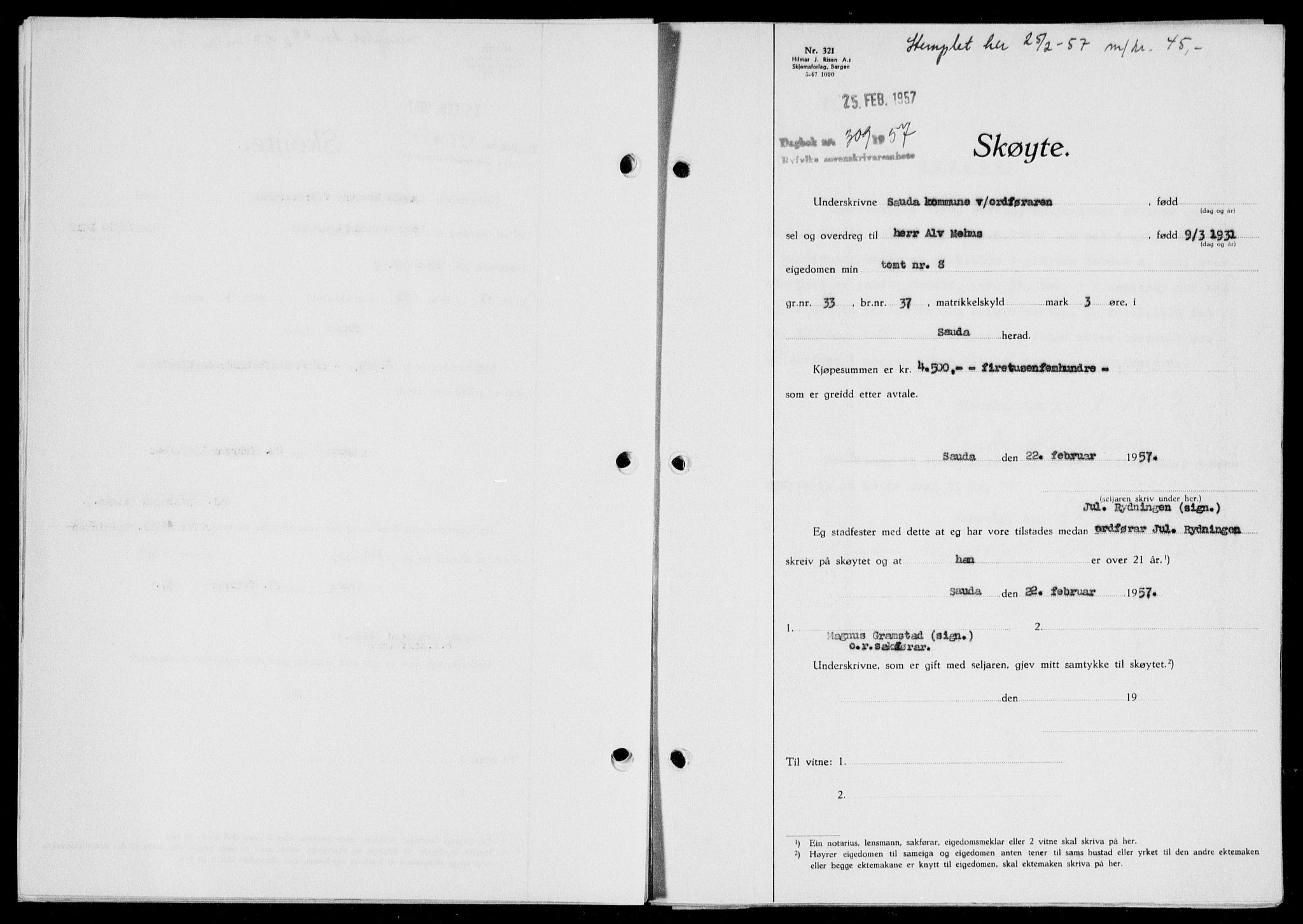 Ryfylke tingrett, AV/SAST-A-100055/001/II/IIB/L0135: Pantebok nr. 114, 1956-1957, Dagboknr: 309/1957