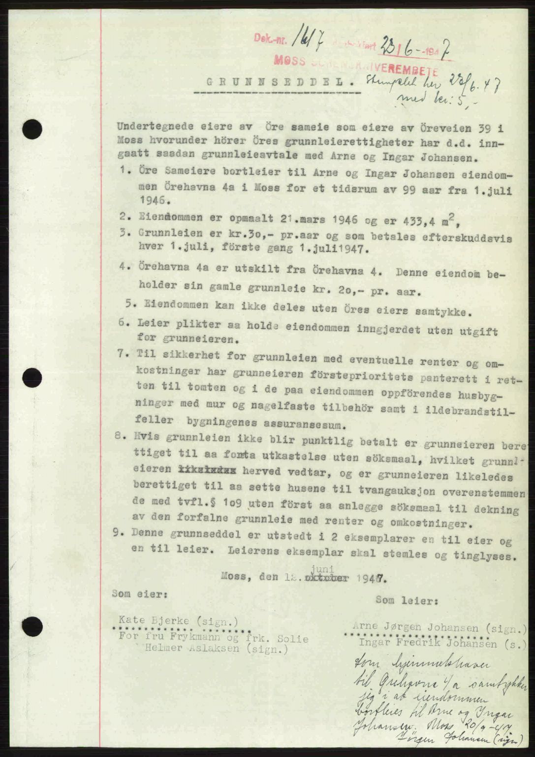 Moss sorenskriveri, SAO/A-10168: Pantebok nr. A17, 1947-1947, Dagboknr: 1617/1947