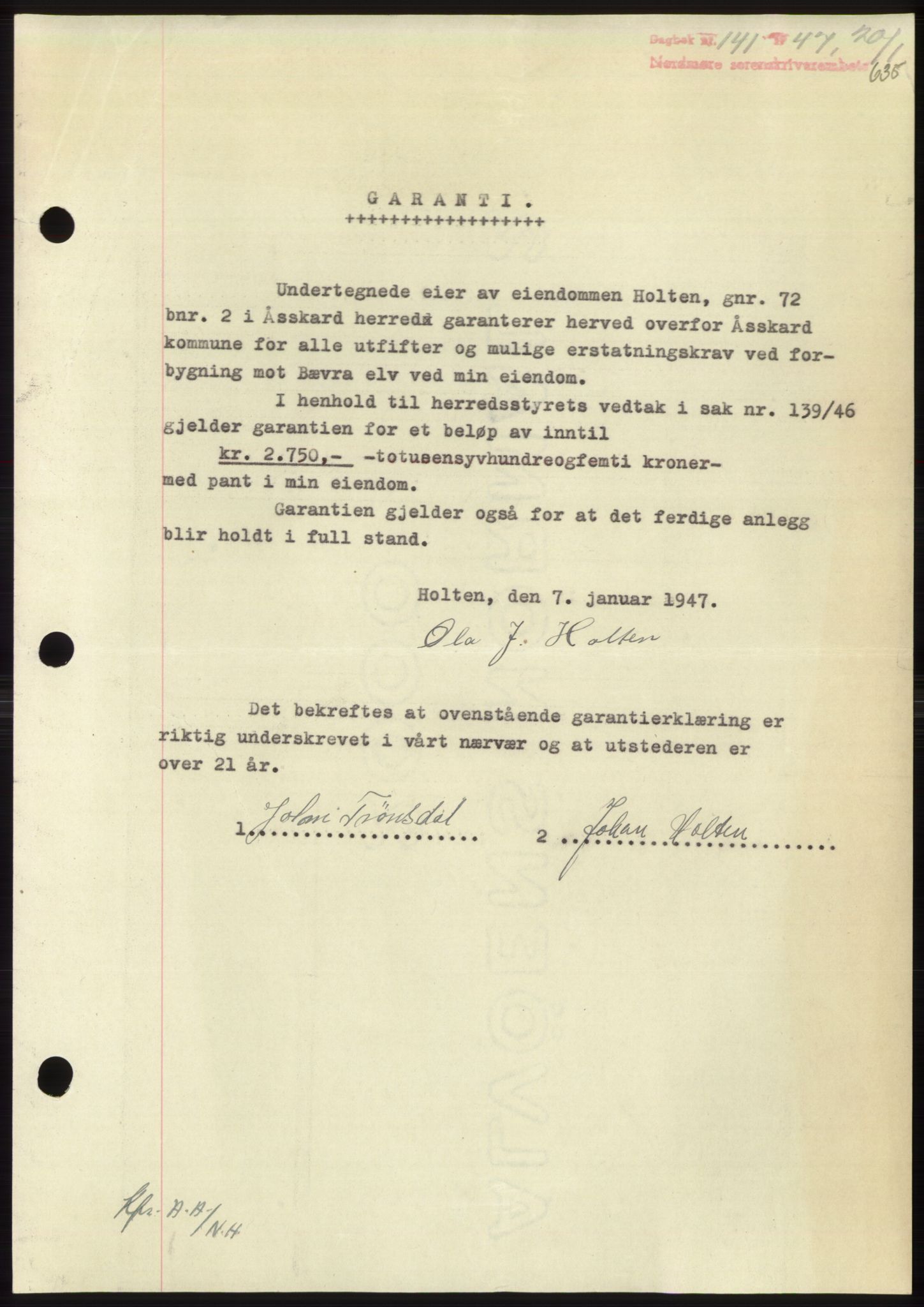 Nordmøre sorenskriveri, SAT/A-4132/1/2/2Ca: Pantebok nr. B95, 1946-1947, Dagboknr: 141/1947