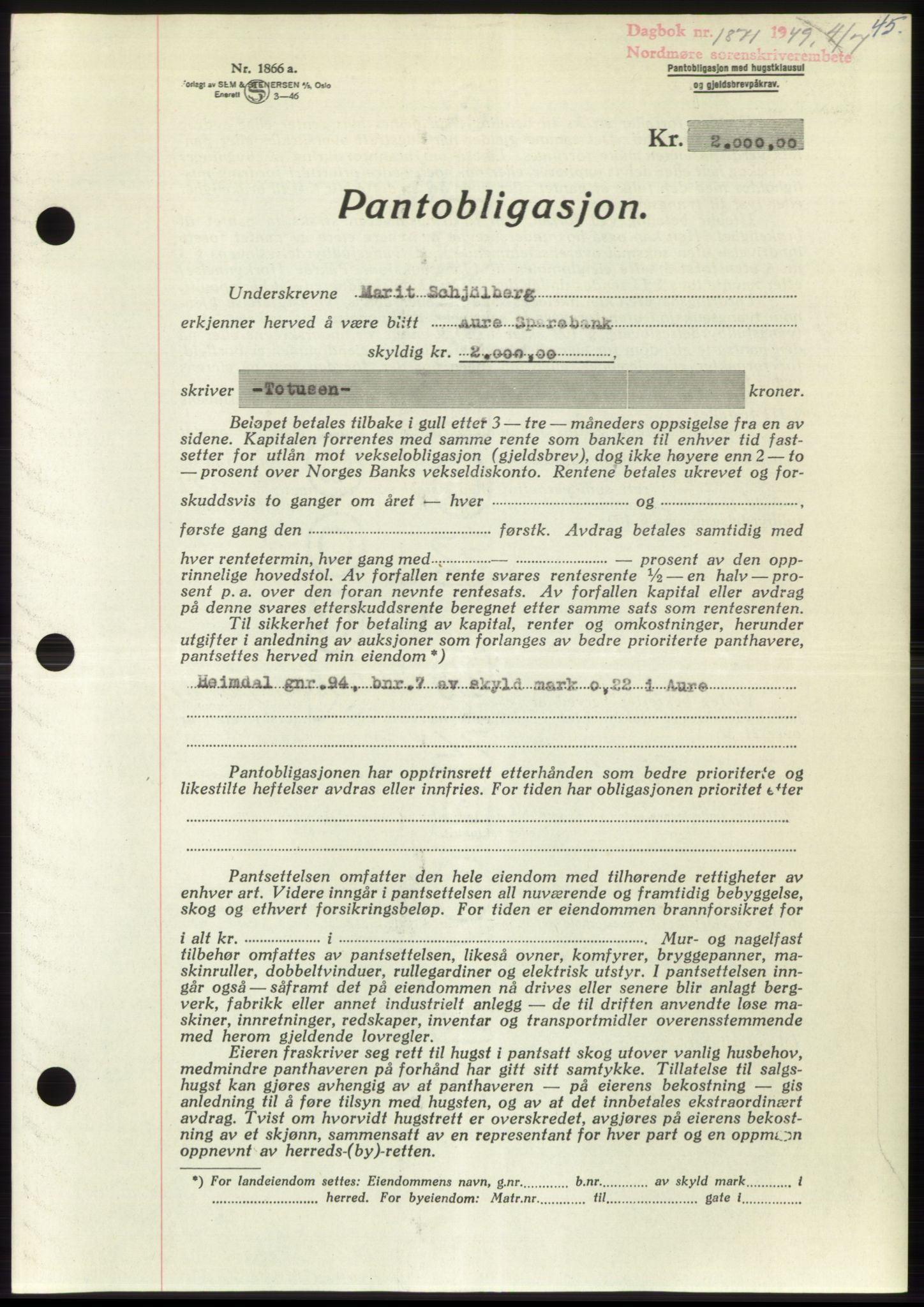 Nordmøre sorenskriveri, SAT/A-4132/1/2/2Ca: Pantebok nr. B102, 1949-1949, Dagboknr: 1871/1949