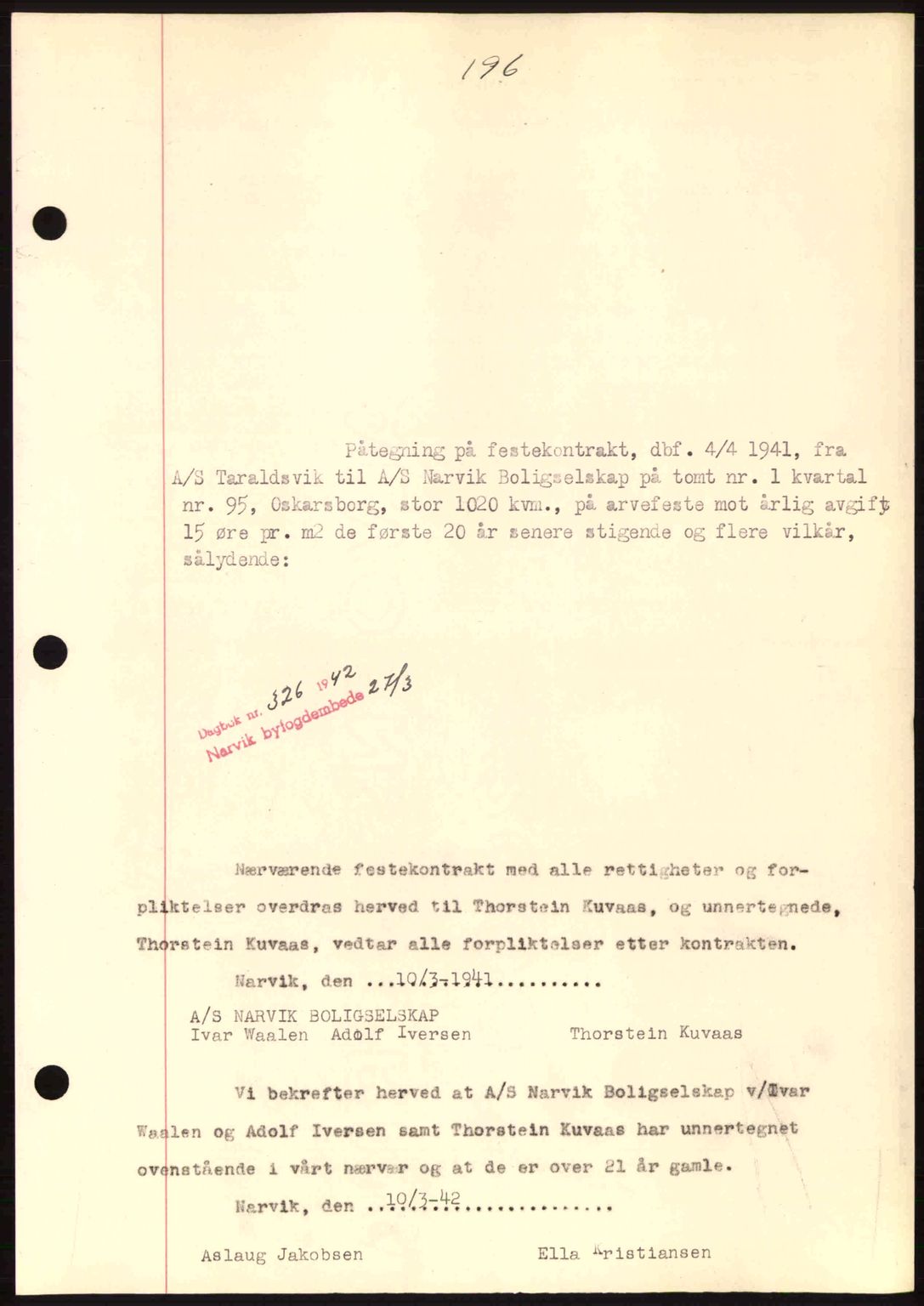 Narvik sorenskriveri, SAT/A-0002/1/2/2C/2Ca: Pantebok nr. A19, 1942-1943, Dagboknr: 326/1942