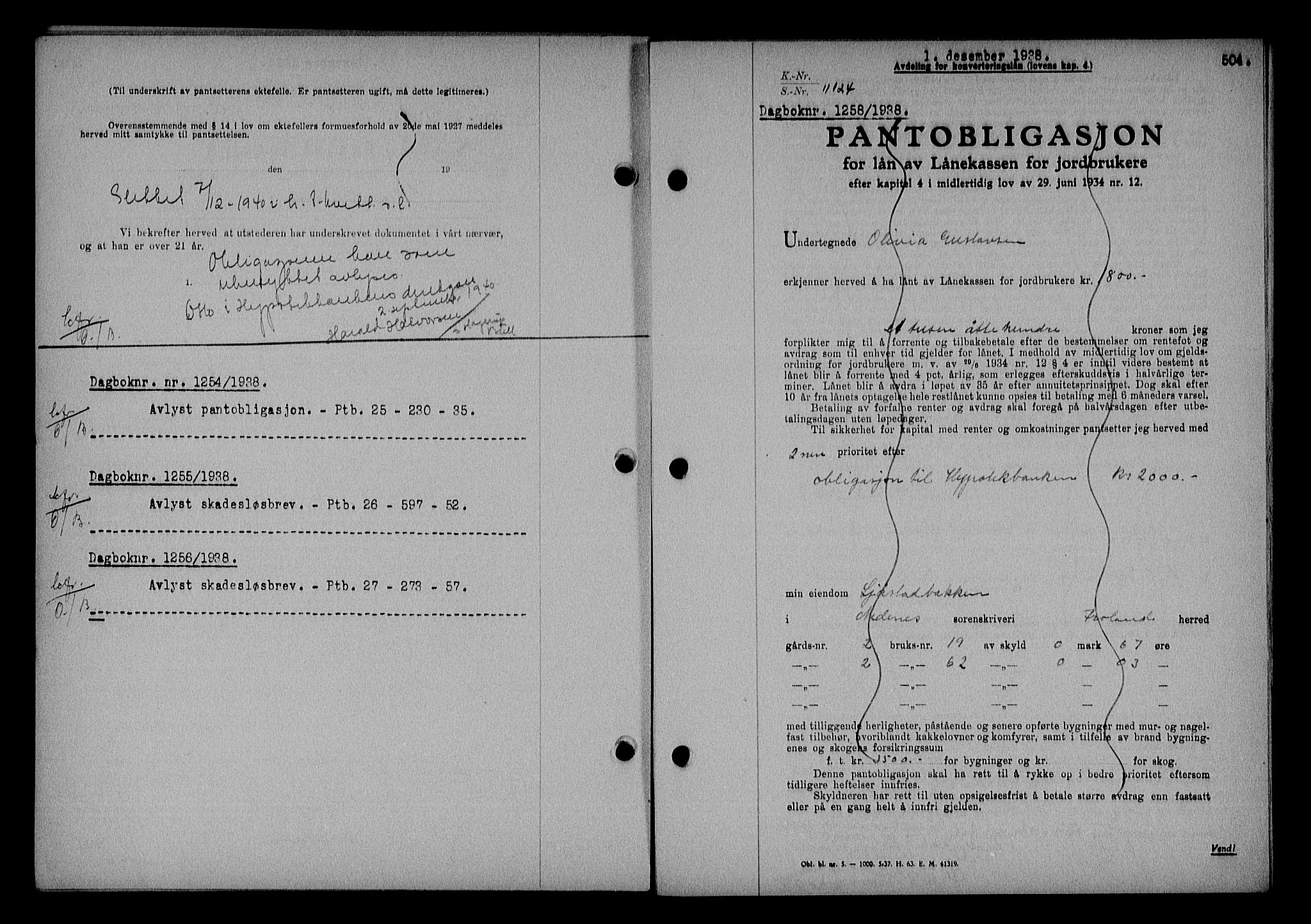 Nedenes sorenskriveri, SAK/1221-0006/G/Gb/Gba/L0045: Pantebok nr. 41, 1938-1938, Dagboknr: 1258/1938