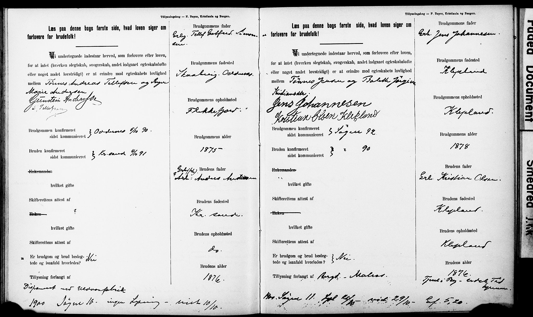 Ullensaker prestekontor Kirkebøker, AV/SAO-A-10236a/H/Ha/L0001: Lysningsprotokoll nr. 1, 1892-1910