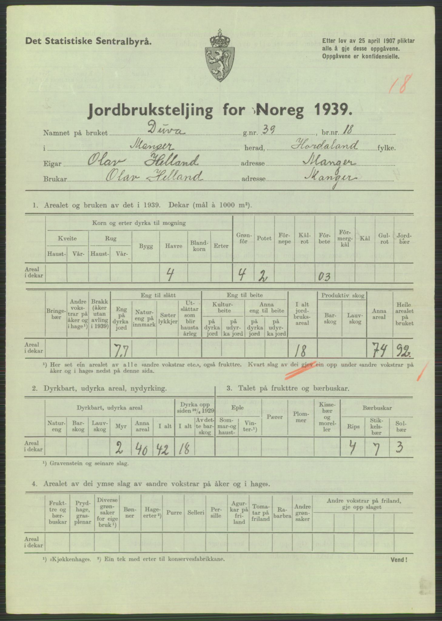 Statistisk sentralbyrå, Næringsøkonomiske emner, Jordbruk, skogbruk, jakt, fiske og fangst, AV/RA-S-2234/G/Gb/L0211: Hordaland: Herdla, Hjelme og Manger, 1939, s. 1483