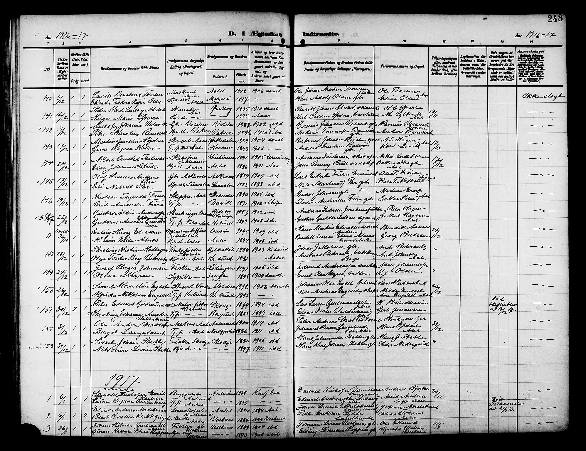 Ministerialprotokoller, klokkerbøker og fødselsregistre - Møre og Romsdal, AV/SAT-A-1454/529/L0470: Klokkerbok nr. 529C07, 1907-1917, s. 248